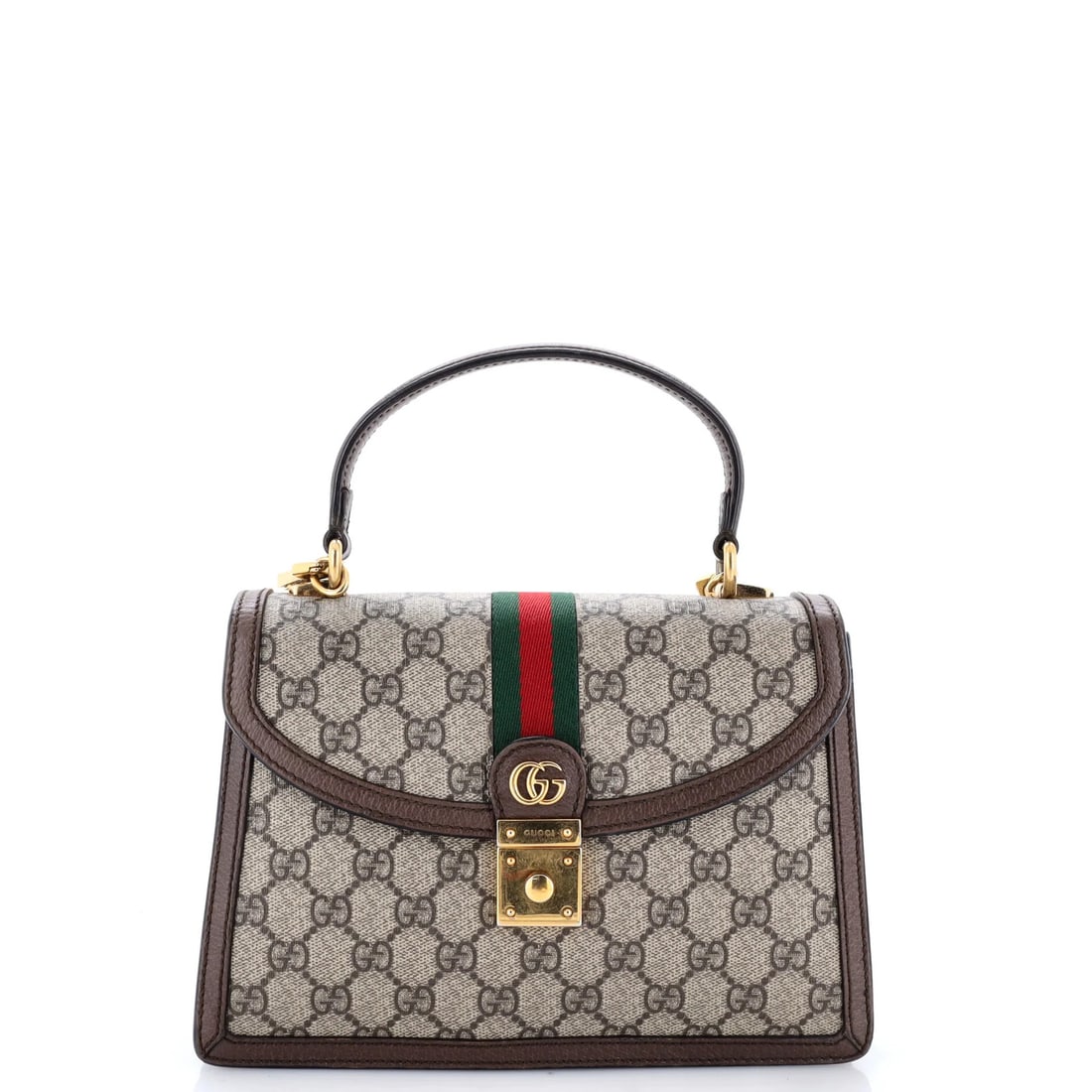 Flap Top Handle Bag Gucci Small GG Coated Canvas: Flap Top Handle Bag Gucci Small GG Coated Canvas Small GG Coated Canvas Flap Top Handle Bag from Gucci, featuring a classic design with a brown canvas exterior and gold hardware. This bag measures 7"