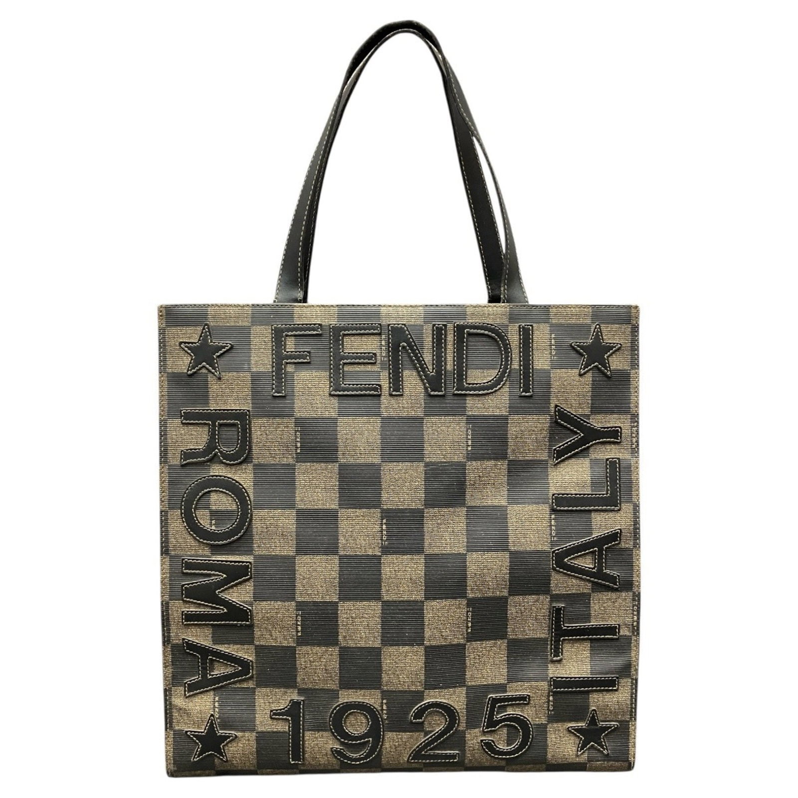 PVC Leather Fendi Tote: PVC Leather Fendi Tote PVC Leather Fendi Tote in Brown. This Fendi tote bag features PVC and leather materials, with a brown color and magnet closure. Measuring 33cm x 33.5cm x 11.5cm, it has a