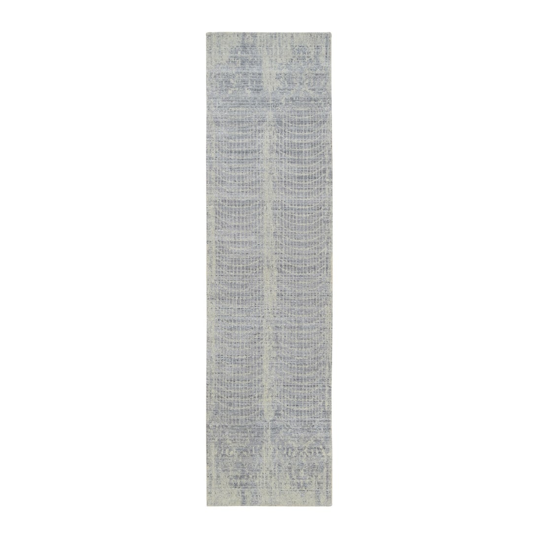 2'6"x10' Gray Wool And Plant Based Silk Hand Loomed Runner Rug: 2'6"x10' Gray Wool And Plant Based Silk Hand Loomed Runner Rug The 2'6"x10' Gray Wool and Plant-Based Silk Hand Loomed Runner Rug boasts a unique blend of traditional Oriental style with modern materi