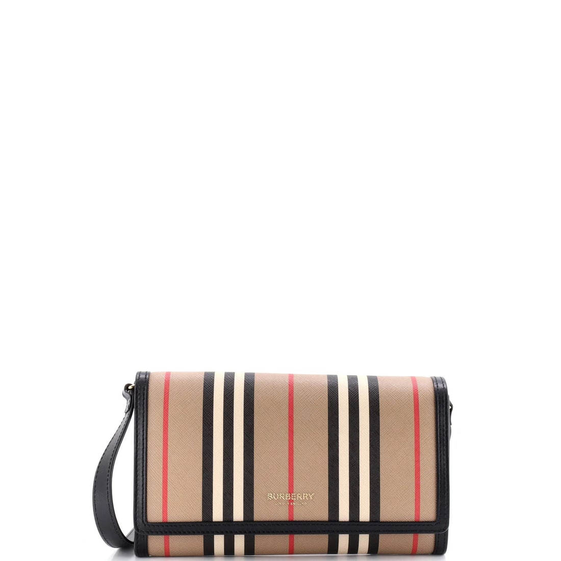 Hannah Wallet Burberry Icon Stripe Strap Canvas E: Hannah Wallet Burberry Icon Stripe Strap Canvas E The Hannah Wallet on Strap Icon Stripe E-Canvas features a classic Burberry design with a brown canvas exterior and gold hardware, adding a touch of