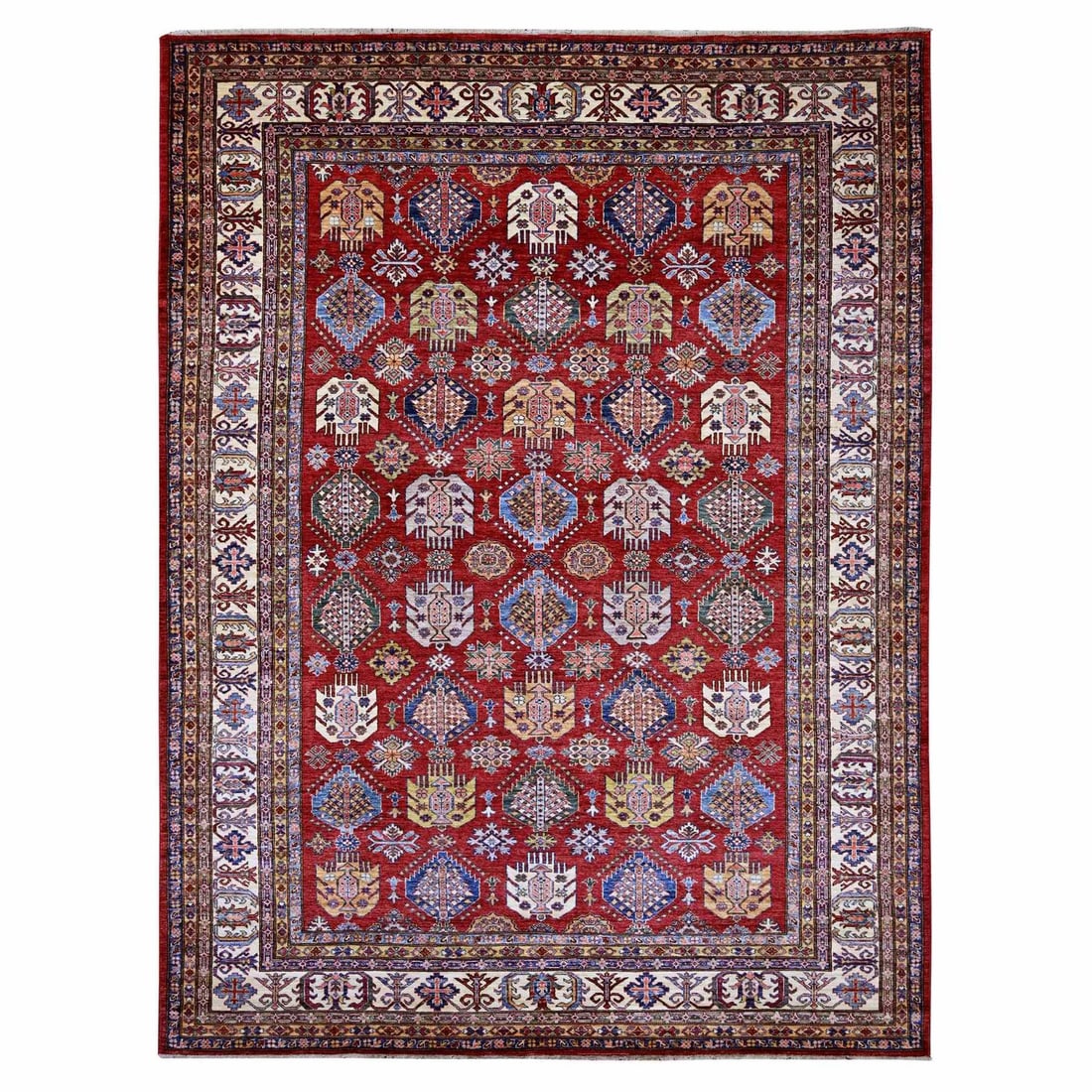 Rug hand knotted crimson red super geometric soft wool kazak design: Rug hand knotted crimson red super geometric soft wool kazak design Soft and vibrant, this crimson red Kazak-style rug boasts an all-over geometric design in rich wool. Hand-knotted with precision, it