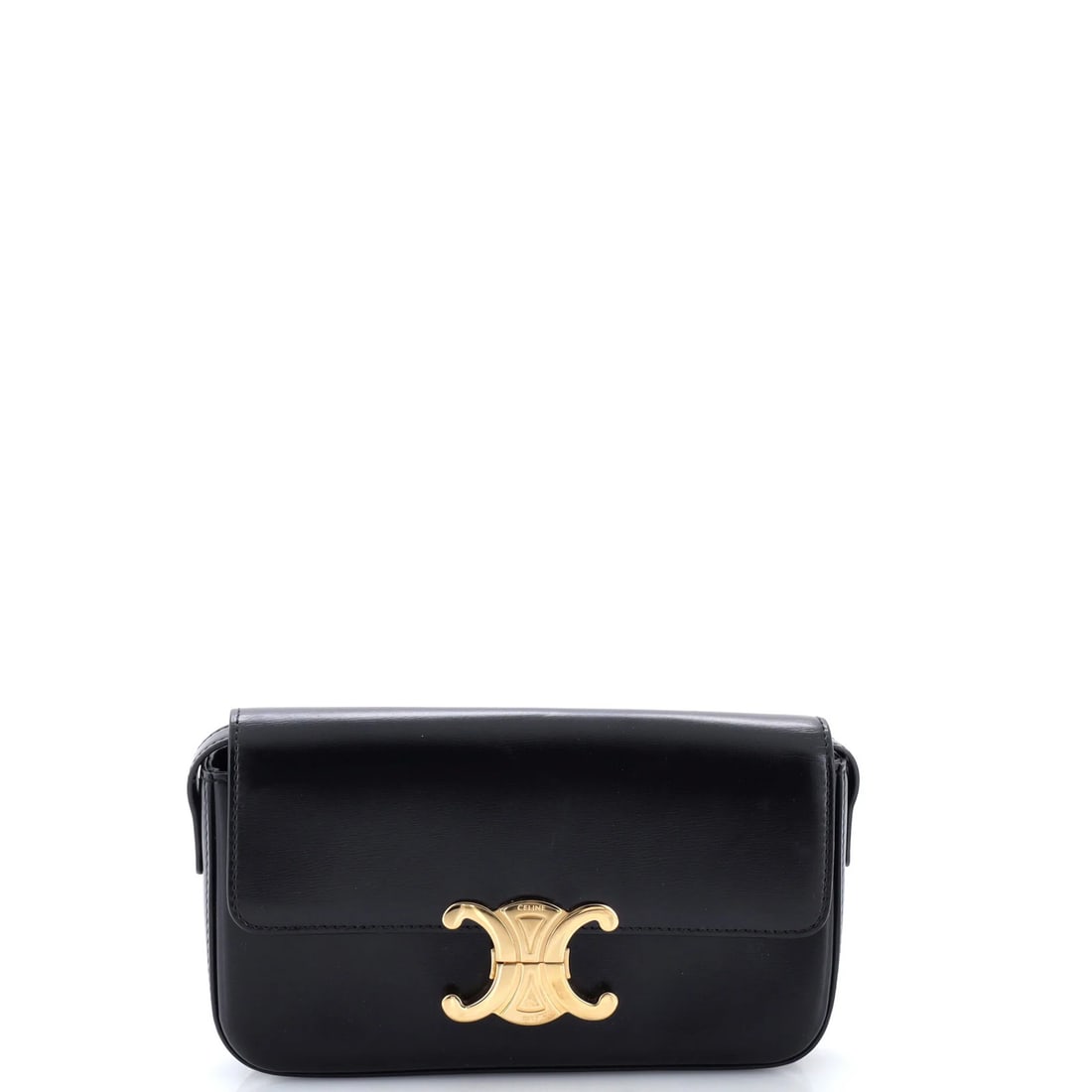 Celine Triomphe East-West Shoulder Bag Smooth Calfskin: Celine Triomphe East-West Shoulder Bag Smooth Calfskin Black Celine Triomphe East-West Shoulder Bag with smooth calfskin exterior, featuring gold hardware and interior. The bag measures approximately 