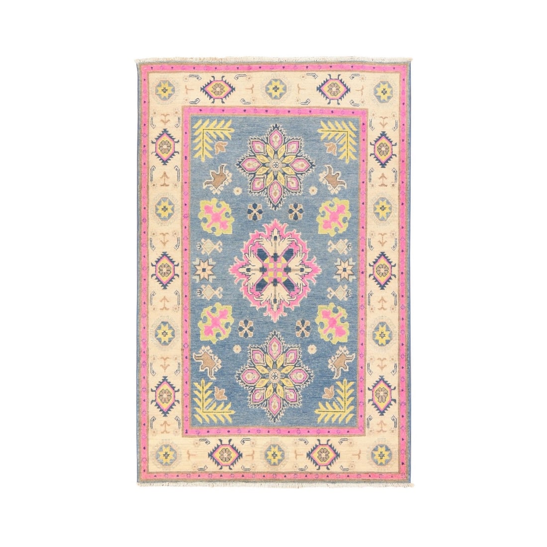 4'x6'4" Blue Fusion Kazak with Medallions Pure Wool Hand Knotted Rug: 4'x6'4" Blue Fusion Kazak with Medallions Pure Wool Hand Knotted Rug The Blue Fusion Kazak with Medallions Pure Wool Hand Knotted Rug boasts an impressive overdyed blue field, intricately woven with m