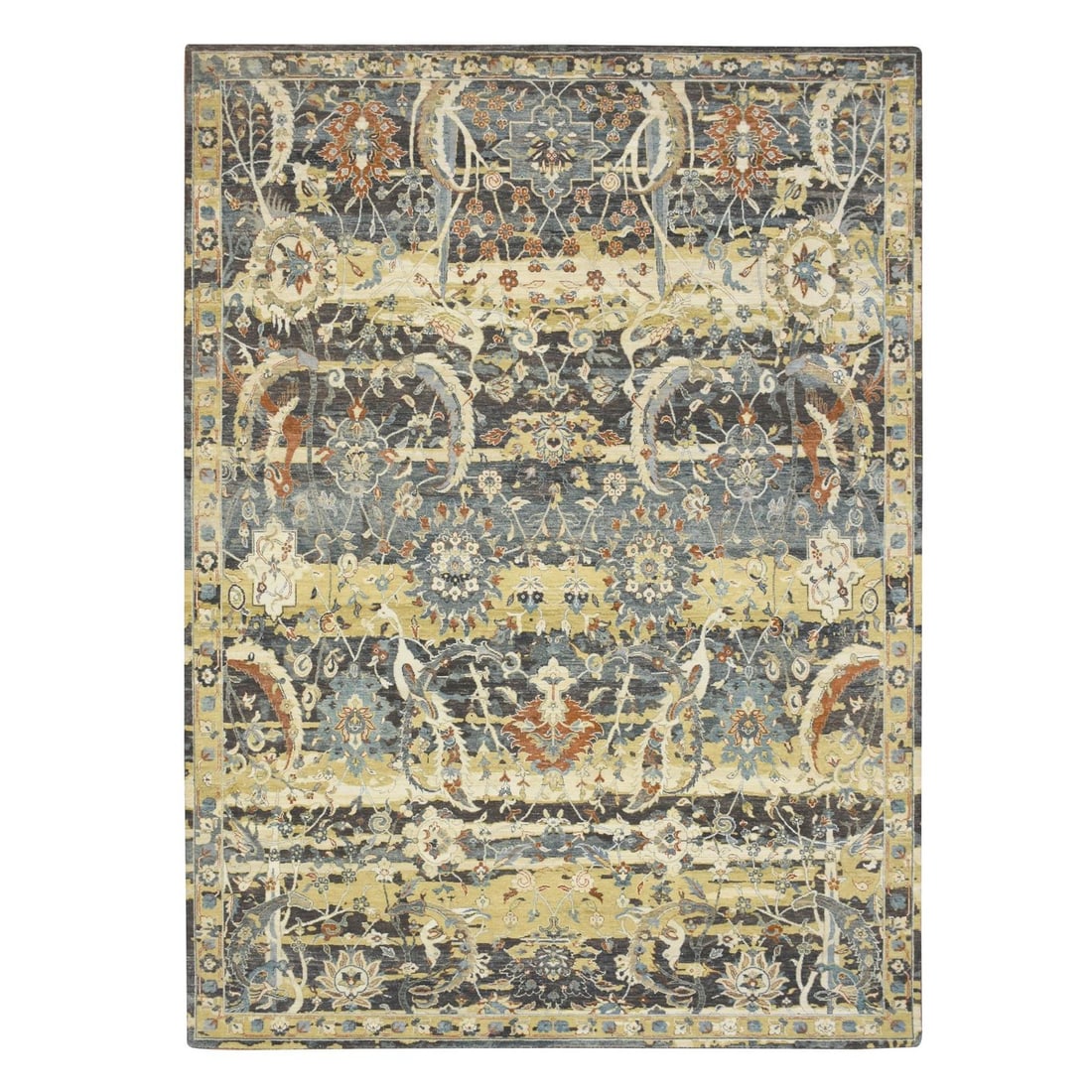 Hand Knotted Rug 9'x12'4" Coffee Brown Erased Birds Design Pure Wool: Hand Knotted Rug 9'x12'4" Coffee Brown Erased Birds Design Pure Wool Hand-knotted with precision, this 9'x12'4" coffee brown erased birds design pure wool rug boasts an all-over regional Oriental patt