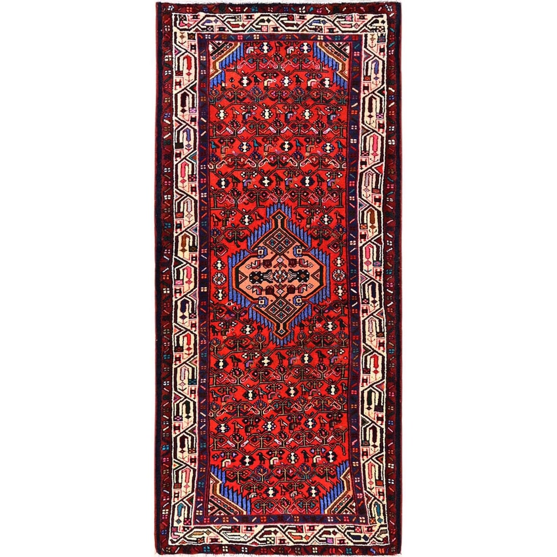 2'9"x6'4" Red New Zoroastrian Khamadan Hand Knotted Soft Wool Runner Rug: 2'9"x6'4" Red New Zoroastrian Khamadan Hand Knotted Soft Wool Runner Rug Hand-knotted in soft wool, this stunning Red Zoroastrian Khamadan runner rug boasts intricate medallion patterns and a rich red