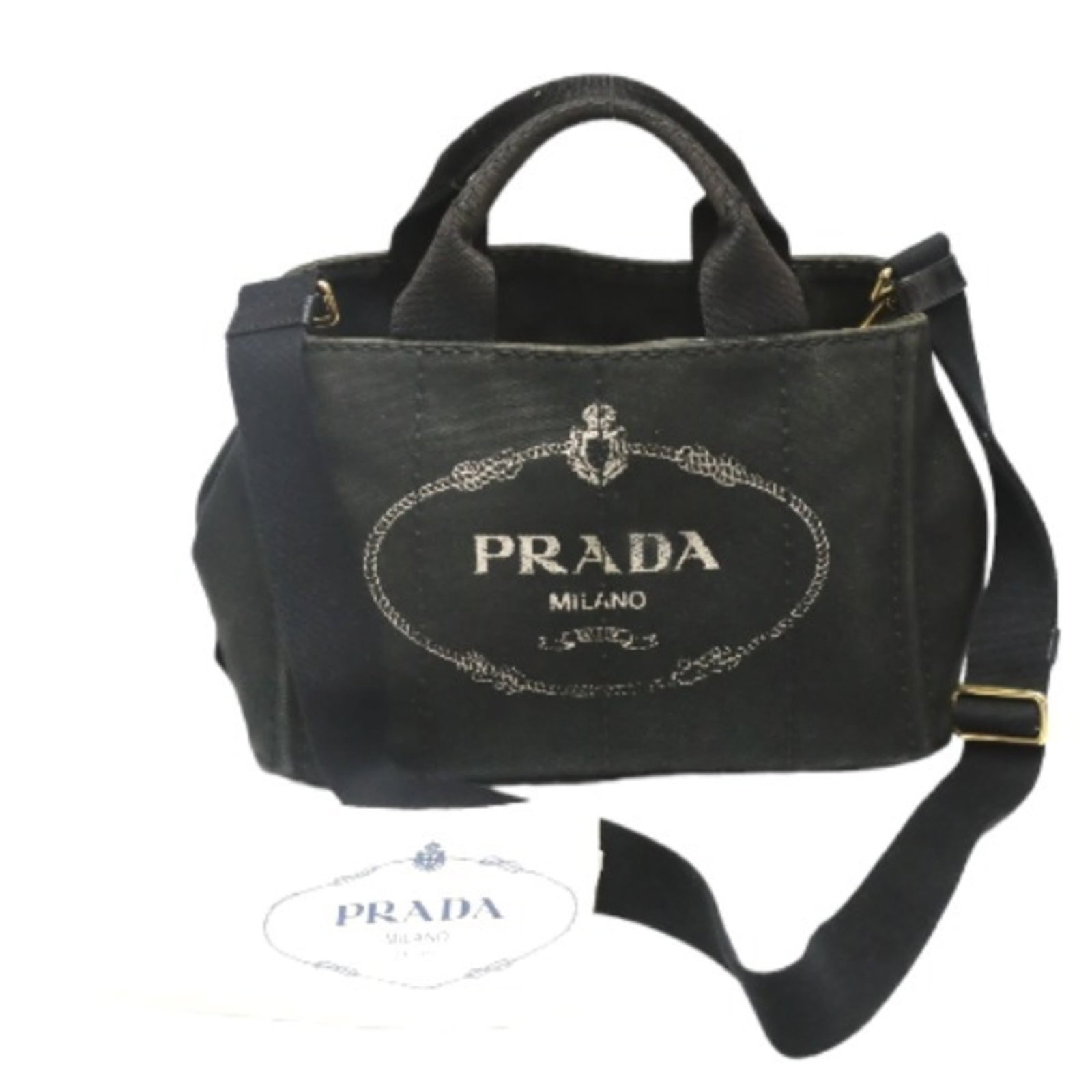 Denim Tote Bag Prada: Denim Tote Bag Prada Denim tote bag from Prada, featuring black denim material and a compact size of 28cm x 14cm. The item comes with a dust bag for added protection. A stylish accessory for everyday 