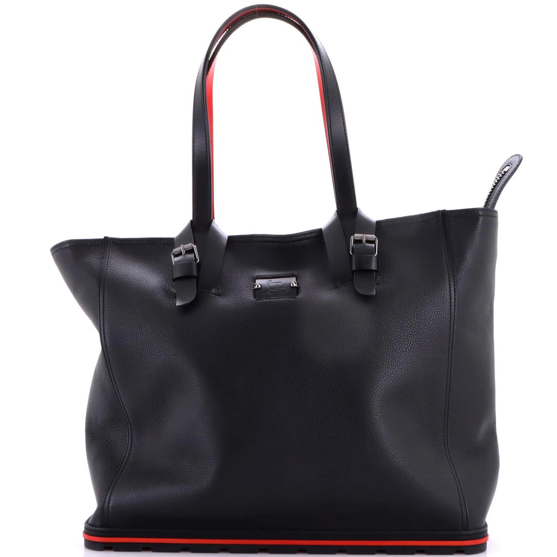 Christian Louboutin Leather Small Kabiker Tote: Christian Louboutin Leather Small Kabiker Tote Small, sleek Kabiker Tote from Christian Louboutin in rich black leather. With its classic design and bold red interior, this tote exudes timeless sophis
