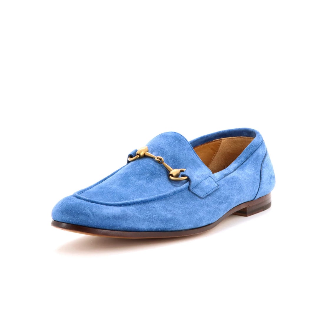 Men's Jordaan Loafers Gucci Suede: Men's Jordaan Loafers Gucci Suede Blue suede Gucci Men's Jordaan Loafers in excellent condition, featuring light creases and discoloration throughout. Made from suede exterior with leather interior