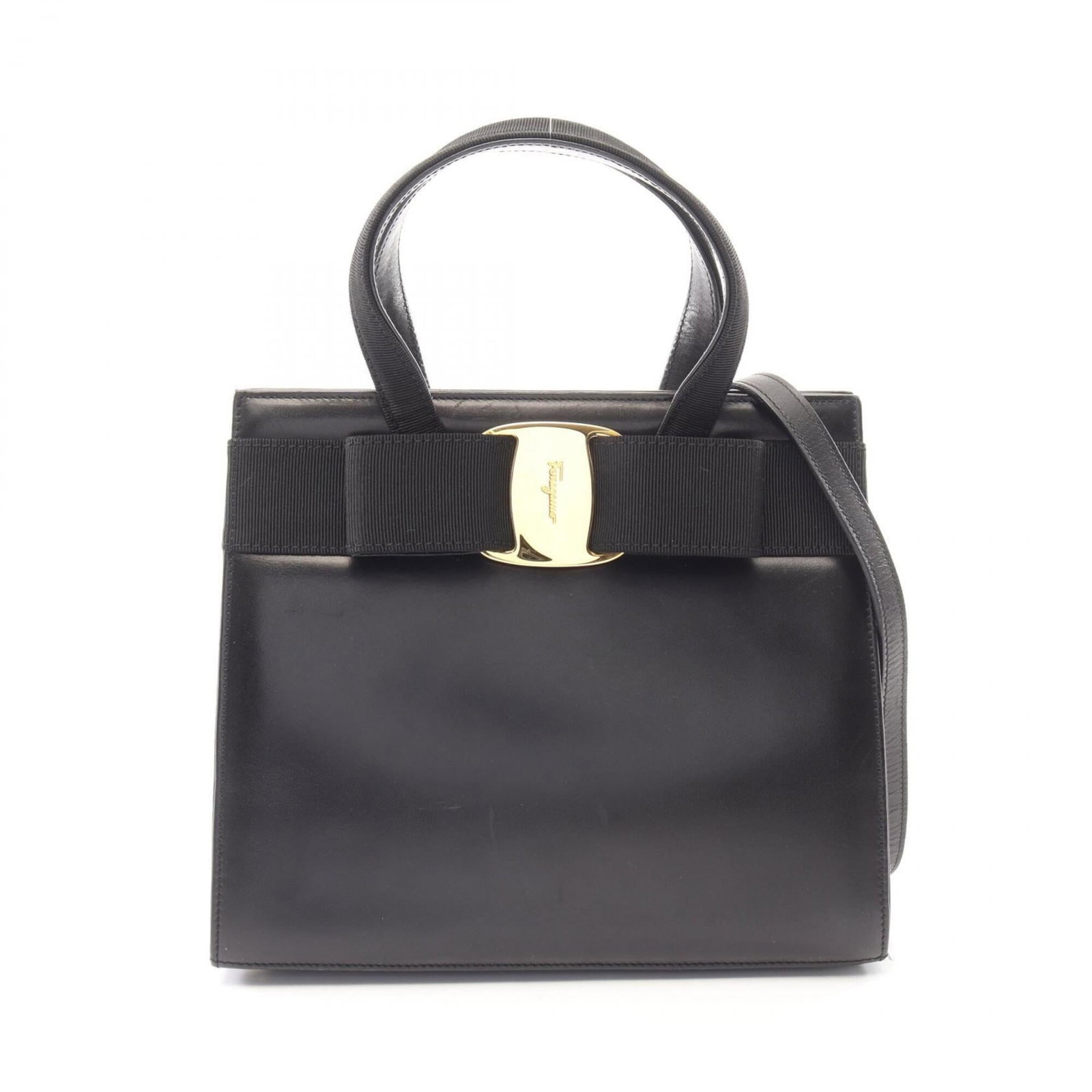 Handbag Leather Salvatore Ferragamo: Handbag Leather Salvatore Ferragamo Black leather Salvatore Ferragamo handbag with dimensions 20.5cm x 24.5cm x 10cm, featuring a classic design that showcases its sleek black color and premium