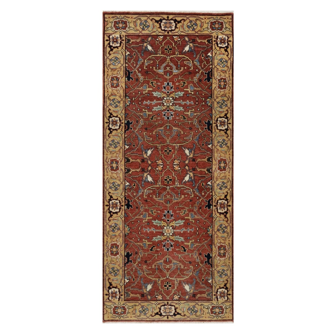 2'6"x6'1" Red Antiqued Fine Heris Recreation Hand Knotted Wool Runner Rug: 2'6"x6'1" Red Antiqued Fine Heris Recreation Hand Knotted Wool Runner Rug Hand-knotted wool runner rug with an antique red heris style, featuring intricate patterns in green, blue, yellow, ivory, oran