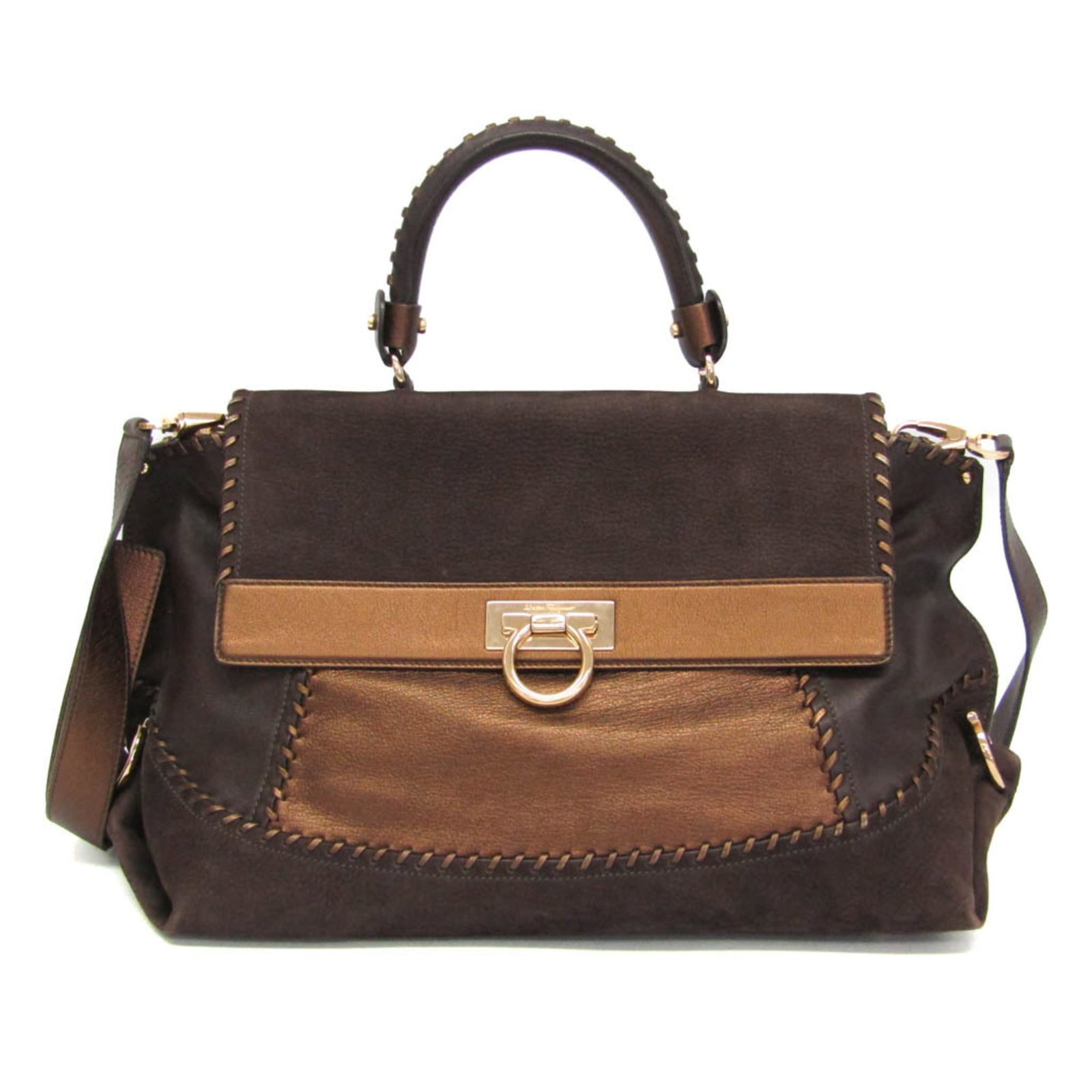 Ferragamo Handbag Suede Leather Shoulder Salvatore: Ferragamo Handbag Suede Leather Shoulder Salvatore Suede leather shoulder bag with bronze and brown tones, featuring fastener and zipper closures, an open pocket, and a total weight of 1.17kg. The bag