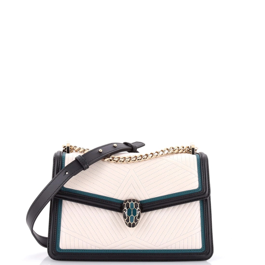 Bvlgari Serpenti Forever Shoulder Bag Quilted Leather Small: Bvlgari Serpenti Forever Shoulder Bag Quilted Leather Small The Bvlgari Serpenti Forever Shoulder Bag Quilted Leather Small boasts a neutral exterior with broken stitching and minor scuffs, adding a