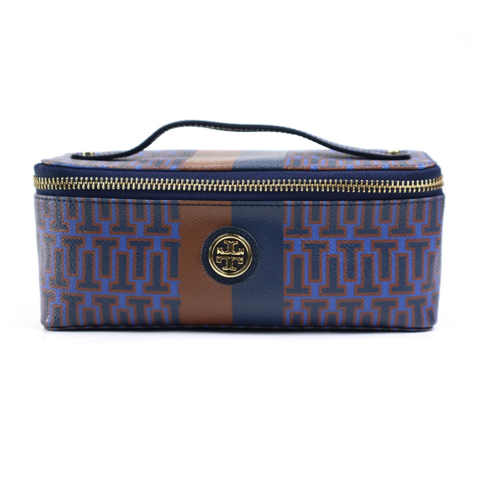 Handbag Leather Vanity Tory Burch: Handbag Leather Vanity Tory Burch Brown and Navy Leather Handbag by Tory Burch. This leather vanity bag features a classic design with a brown and navy color combination, measuring 8cm x 20cm x 7cm.