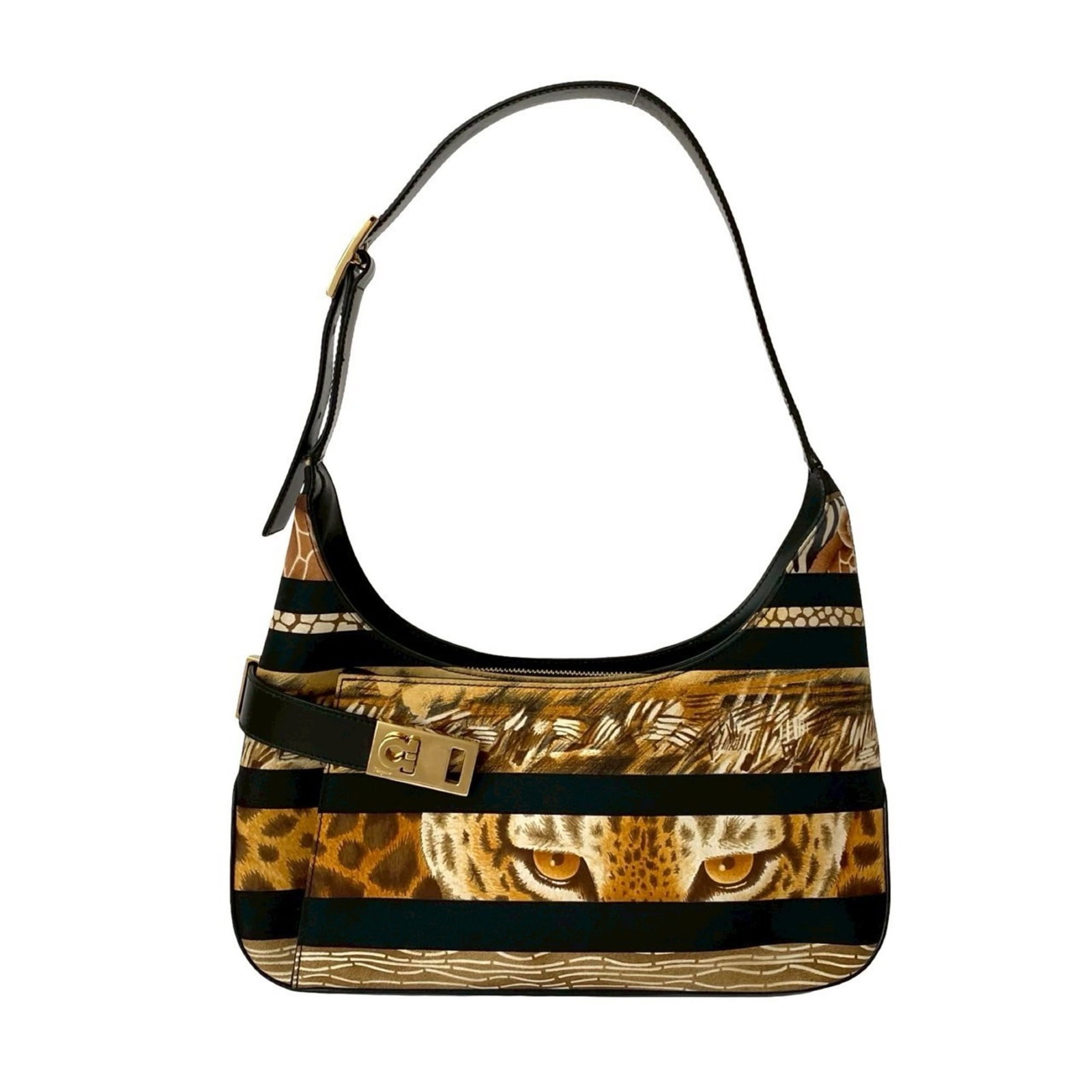Canvas leather shoulder bag by Ferragamo: Canvas leather shoulder bag by Ferragamo Canvas leather shoulder bag by Ferragamo, featuring high-quality black and brown leather construction with canvas accents. This stylish shoulder bag measures 1