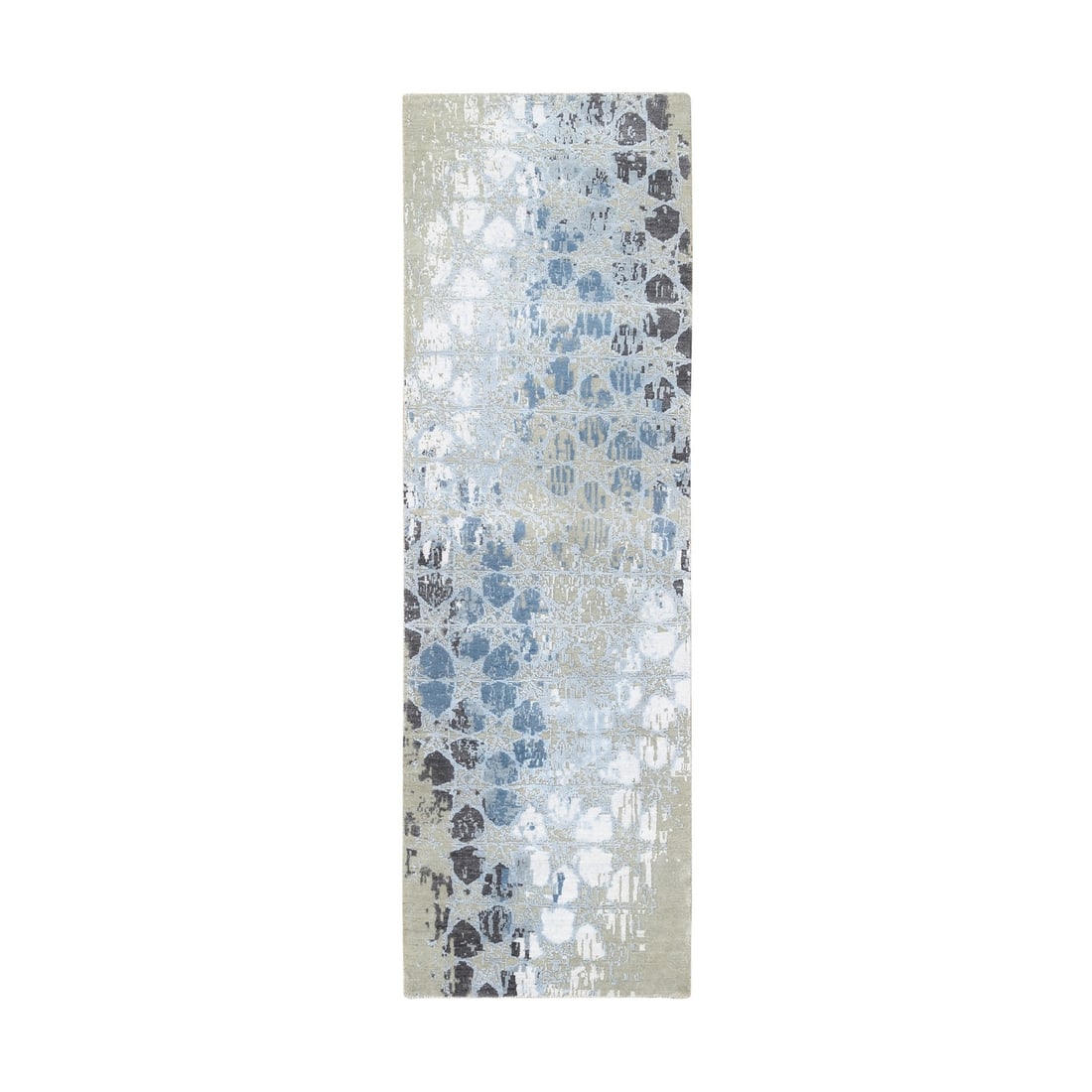 2'6"x8' Gray THE HONEYCOMB Wool and Silk Hand Knotted Runner Rug: 2'6"x8' Gray THE HONEYCOMB Wool and Silk Hand Knotted Runner Rug The Honeycomb Wool and Silk Hand Knotted Runner Rug boasts a striking modern design with a subtle grey color palette. Made from a uniqu