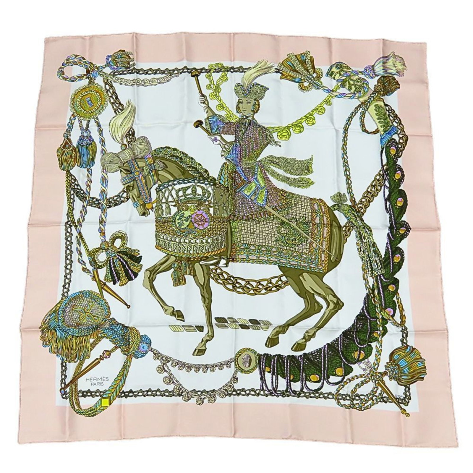 Hermes silk scarf: Hermes silk scarf Silk scarf from renowned French fashion house Hermes, featuring a vibrant multi-color design with pink accents. Made from high-quality silk, this 35cm x 35cm square scarf boasts a