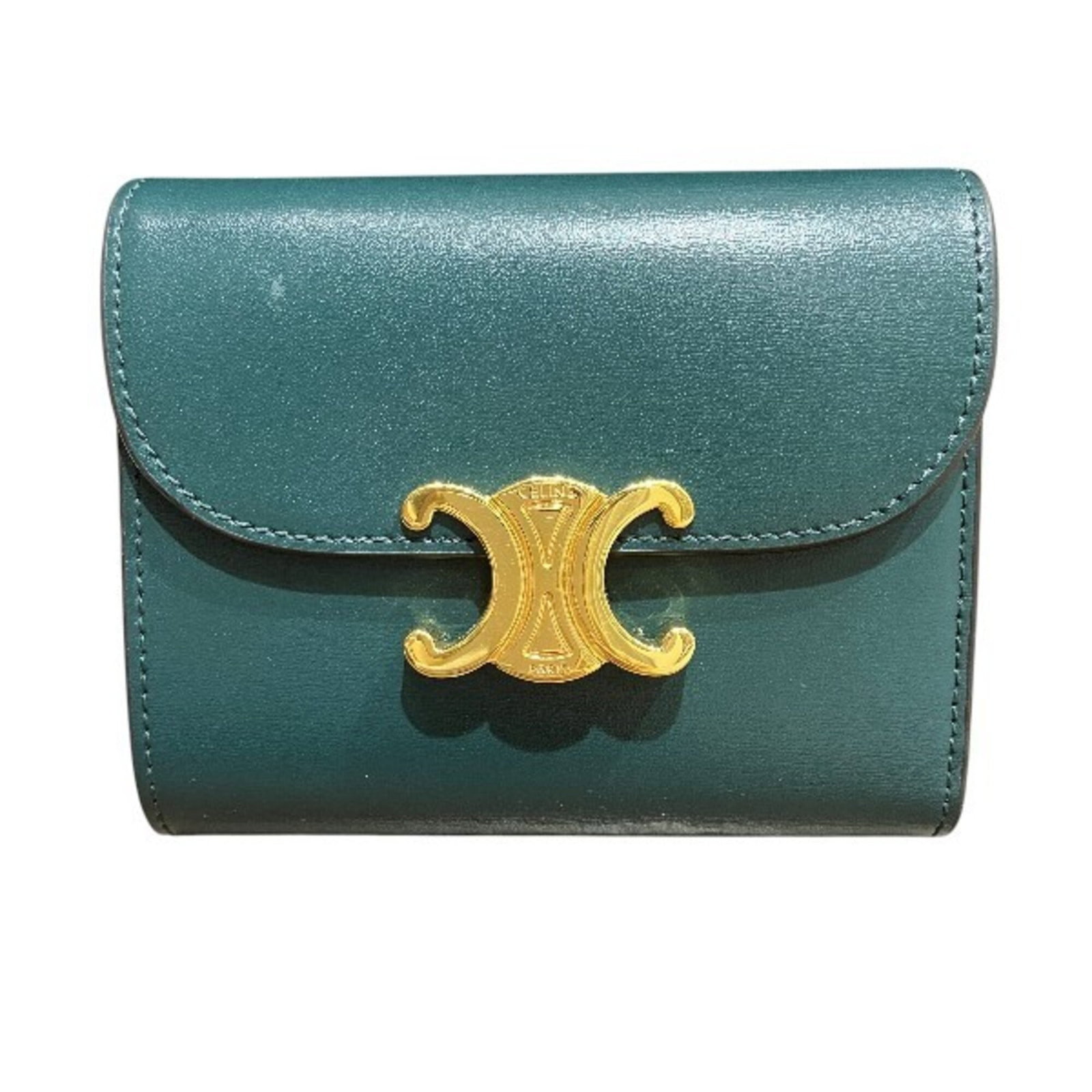 Celine Wallet (Tri-Fold) Leather: Celine Wallet (Tri-Fold) Leather The Celine tri-fold leather wallet boasts a sleek, green design with a classic tri-fold layout. Made from high-quality leather, its compact size (9cm x 10.5cm x 3.5cm)