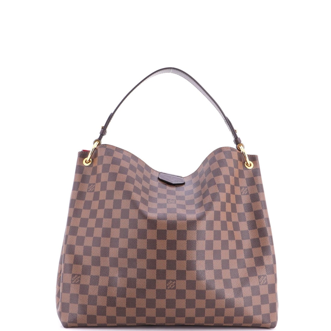 Louis Vuitton Graceful Handbag Damier MM: Louis Vuitton Graceful Handbag Damier MM Brown Louis Vuitton Graceful Handbag Damier MM with canvas coated exterior and red interior, featuring gold hardware. The bag measures 13" high, 15" wide, and 