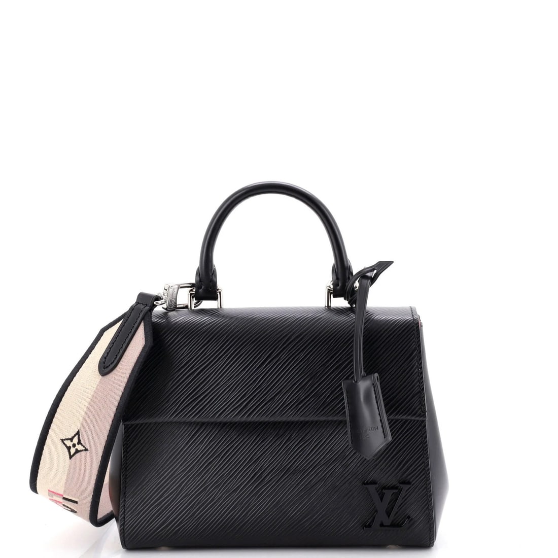 Epi Leather Louis Vuitton Mini Cluny Handle Top Bag: Epi Leather Louis Vuitton Mini Cluny Handle Top Bag Black Epi Leather Louis Vuitton Mini Cluny Handle Top Bag with Clochette and Strap, featuring scuffs, minor creases, and corner wear on the exterior