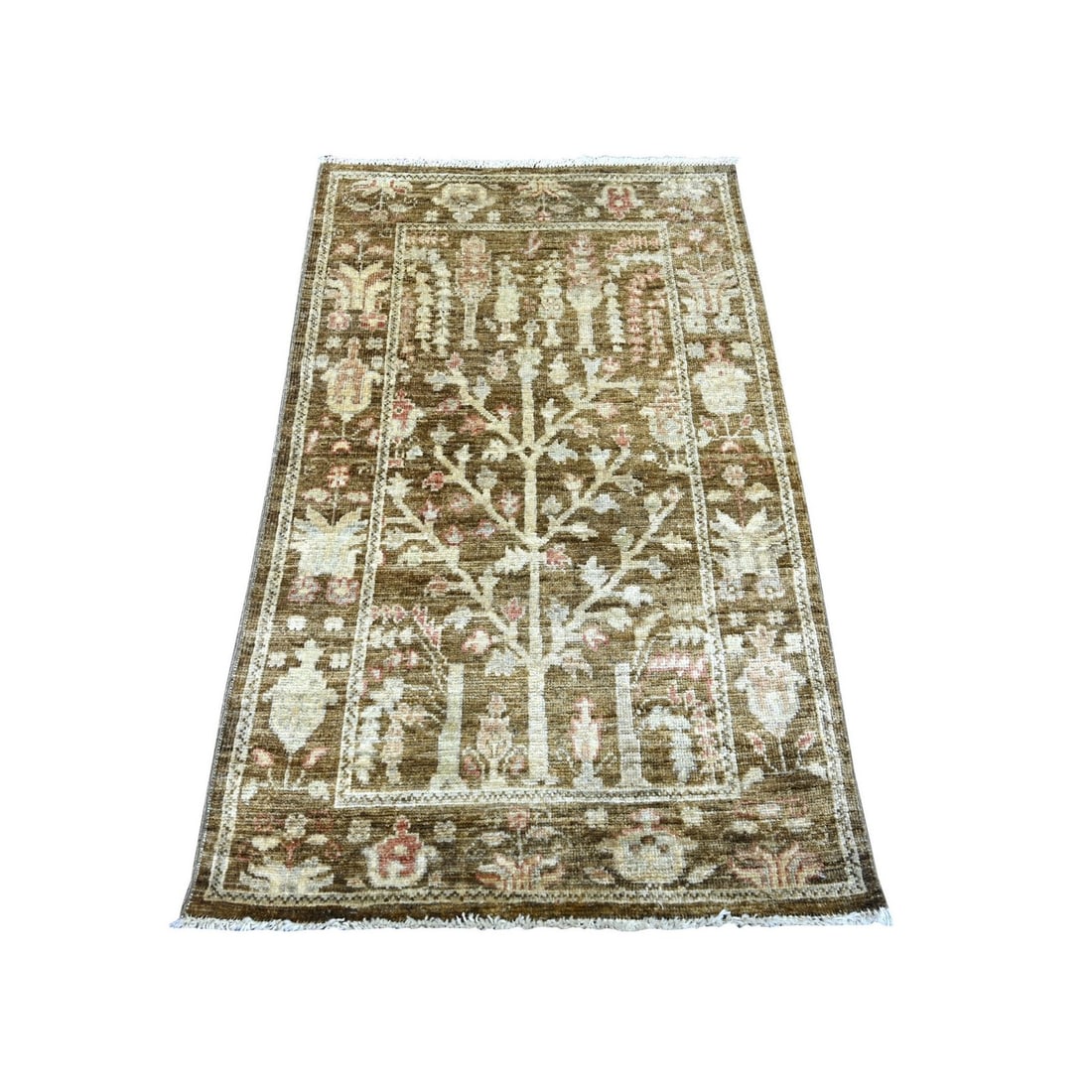 3'x4'10" Brown Afghan Angora Oushak Tree Design Hand Knotted Pure Wool Rug: 3'x4'10" Brown Afghan Angora Oushak Tree Design Hand Knotted Pure Wool Rug The Oushak rug boasts a stunning floral field design, set against a rich brown background, in a traditional Afghan style. Han