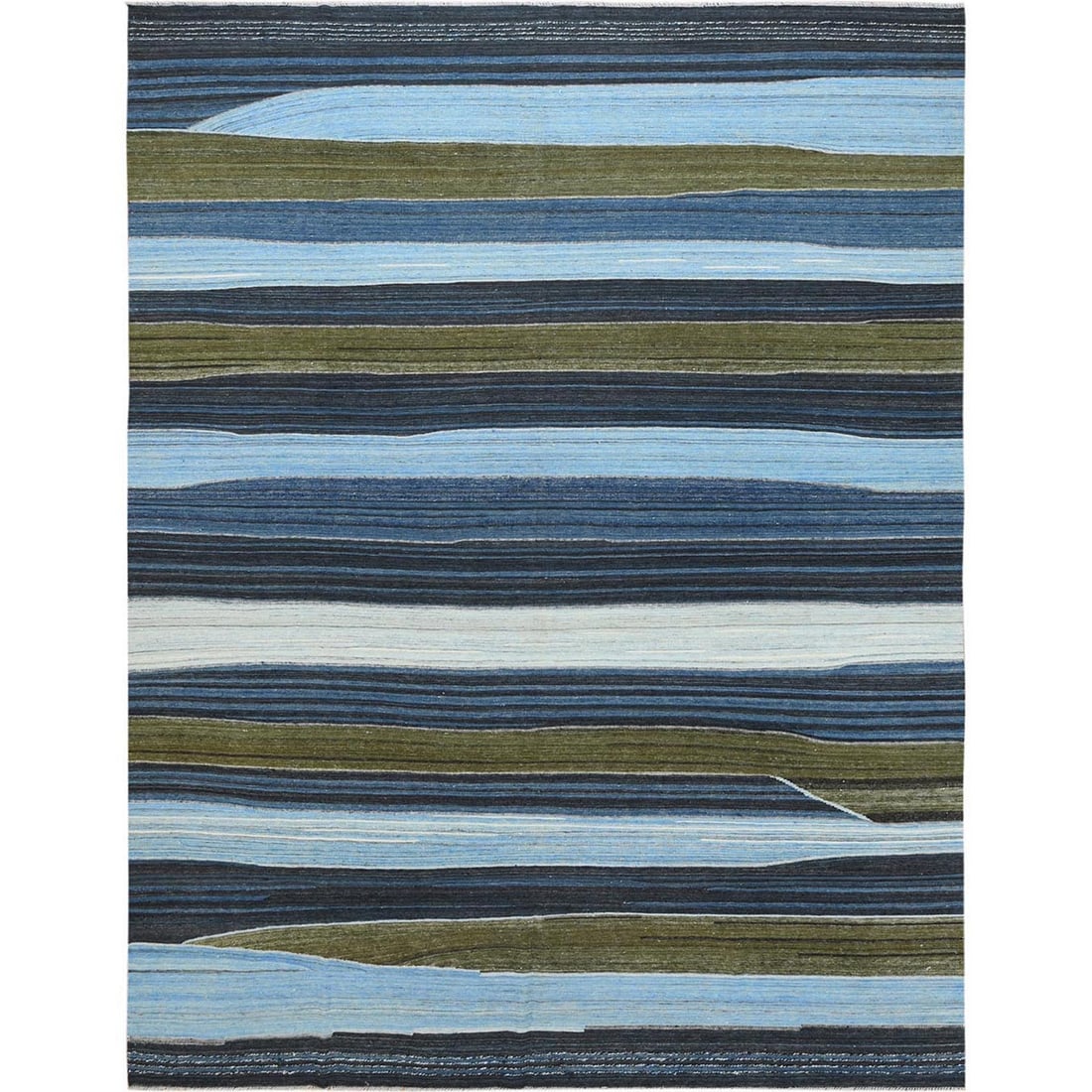 10'7"x13'8" Blue And Brown Mountain Design Flat Weave Kilim Pure Wool Rug: 10'7"x13'8" Blue And Brown Mountain Design Flat Weave Kilim Pure Wool Rug The Blue and Brown Mountain Design Flat Weave Kilim Pure Wool Rug boasts a striking Oriental Regional design, characteristic o