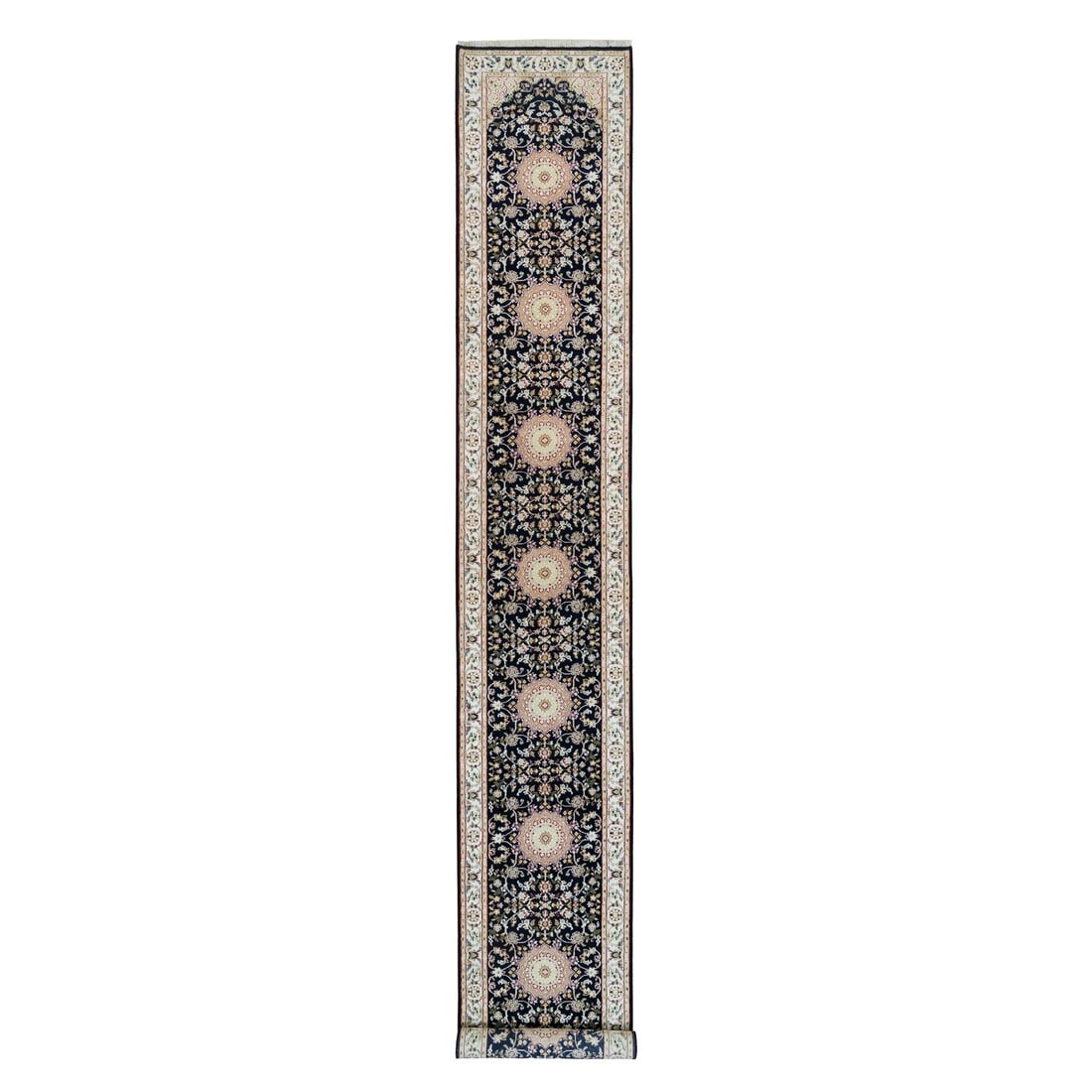 2'8"x18'5" Blue Nain Design Pure Wool Hand Knotted 250 KPSI XL Runner Rug: 2'8"x18'5" Blue Nain Design Pure Wool Hand Knotted 250 KPSI XL Runner Rug Blue Nain Design Pure Wool Hand Knotted XL Runner Rug measures 2'8" x 18'5" and boasts a vibrant blue field with intricate pat