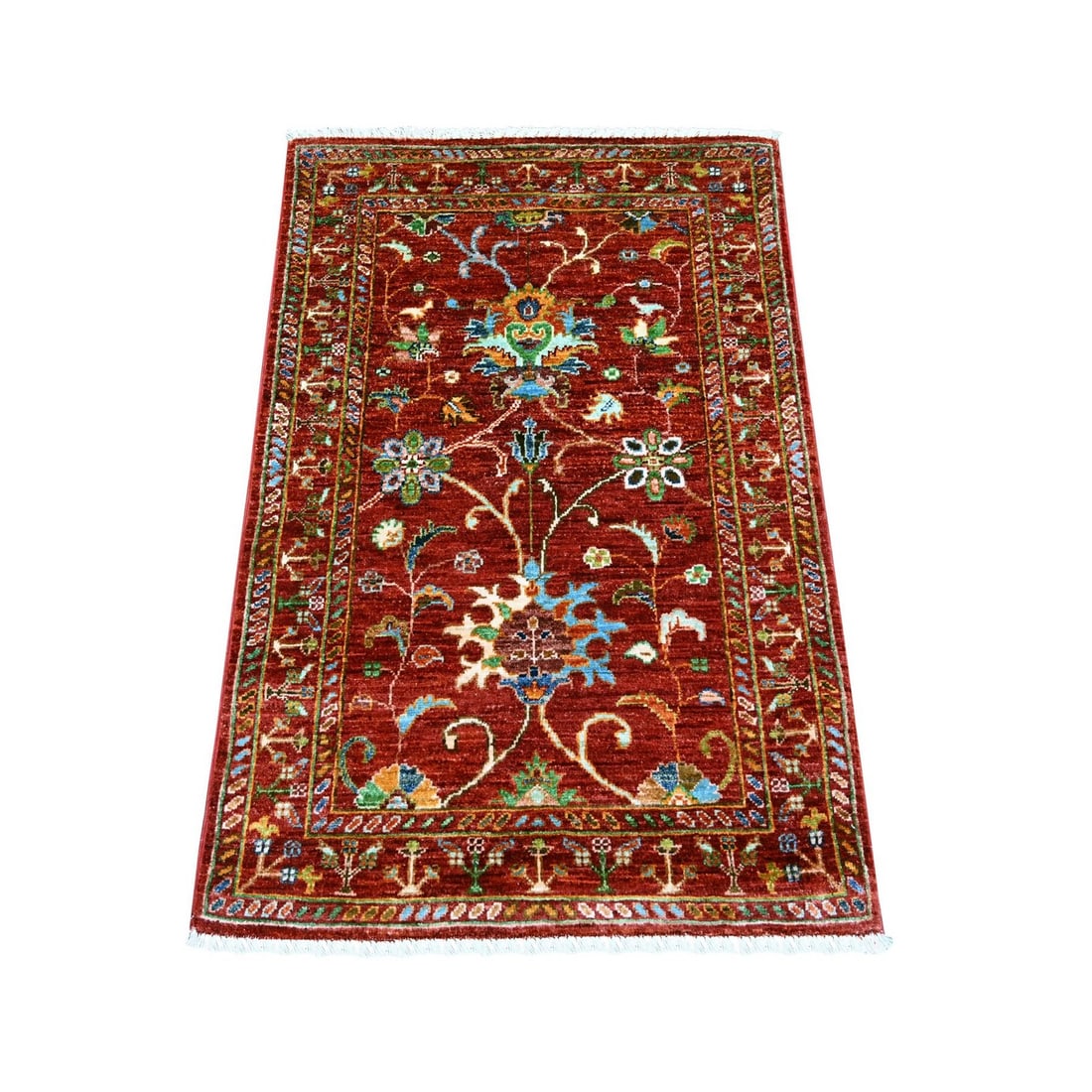 2'7"x3'10" Rust Red Hand Knotted Afghan Sultani Wool Sample Mat Rug: 2'7"x3'10" Rust Red Hand Knotted Afghan Sultani Wool Sample Mat Rug The Rust Red Hand Knotted Afghan Sultani Wool Sample Mat Rug boasts an all-over regional design, characteristic of Oriental patterns