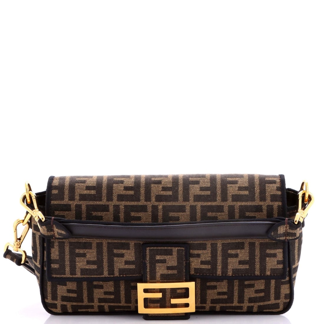 Baguette Zucca Fendi Medium Canvas NM Bag: Baguette Zucca Fendi Medium Canvas NM Bag Brown Fendi Baguette Zucca Medium Canvas Shoulder Bag with Extra Strap, featuring scuffs, creases, and edge wear on the exterior. This medium-sized bag boasts