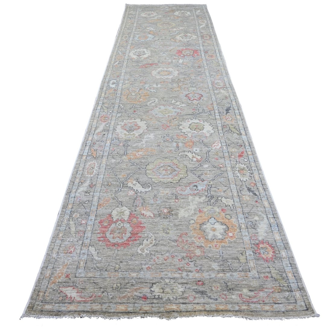 4'1"x15'1" Gray Angora Oushak Leaf Design Hand Knotted Wool Runner: 4'1"x15'1" Gray Angora Oushak Leaf Design Hand Knotted Wool Runner The Oushak Leaf Design Hand Knotted Wool Runner boasts a stunning gray color and intricate floral pattern, characteristic of traditio