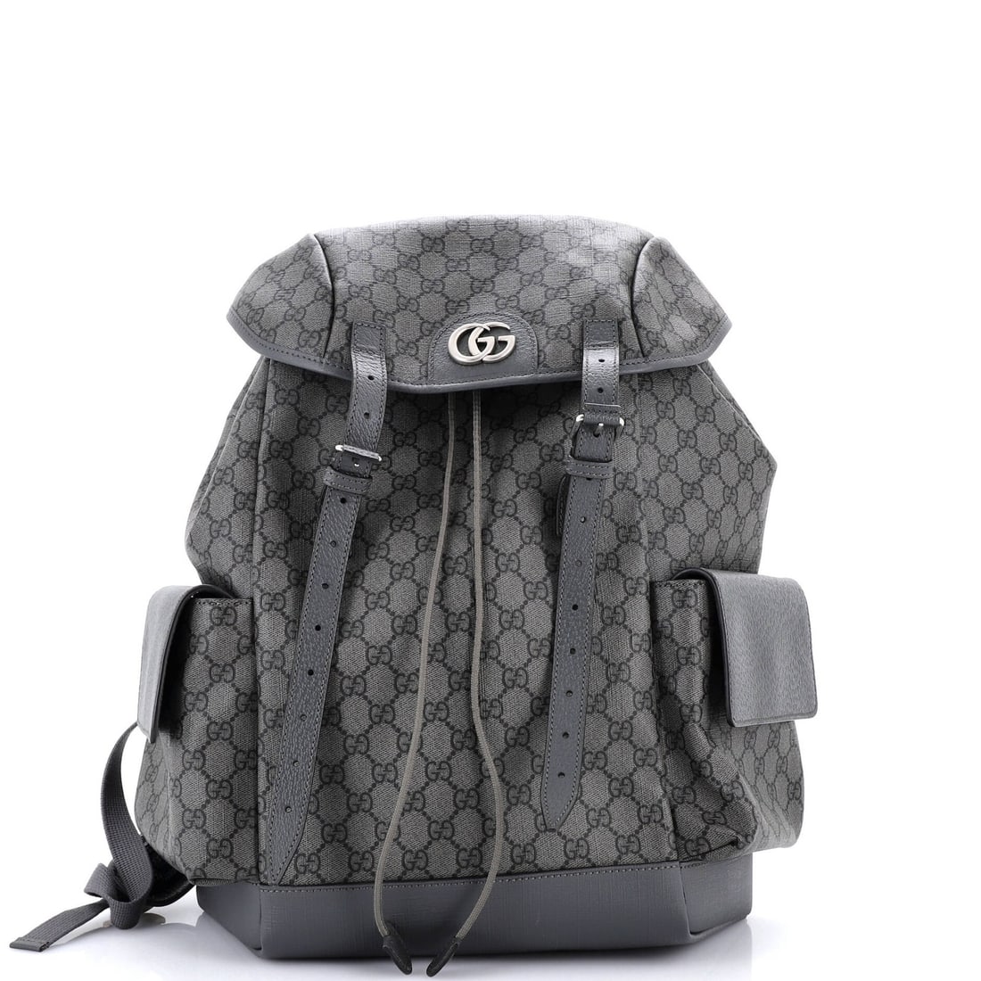 Gucci Ophidia Flap Backpack Medium GG Coated Canvas: Gucci Ophidia Flap Backpack Medium GG Coated Canvas Medium GG Coated Canvas backpack with iconic Gucci Ophidia Flap design, featuring gray exterior and neutral interior. The canvas-coated exterior boa