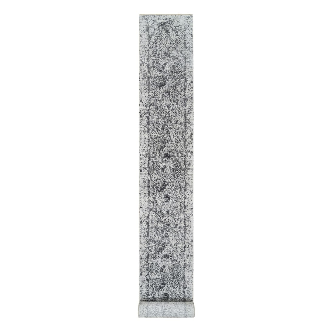 2'7"x23'9" Gray Wool/ Silk Hand Knotted Zoroastrian Design XL Runner Rug: 2'7"x23'9" Gray Wool/ Silk Hand Knotted Zoroastrian Design XL Runner Rug Hand-knotted with wool and silk, this stunning Zoroastrian design rug boasts a rich grey field color and intricate pattern. Mea