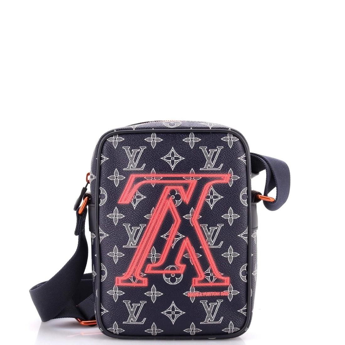 Upside Down Monogram Louis Vuitton Danube PM Limited Edition: Upside Down Monogram Louis Vuitton Danube PM Limited Edition Canvas Coated Louis Vuitton Danube PM Limited Edition Upside Down Monogram Cross Body Bag features a striking blue print exterior with rose