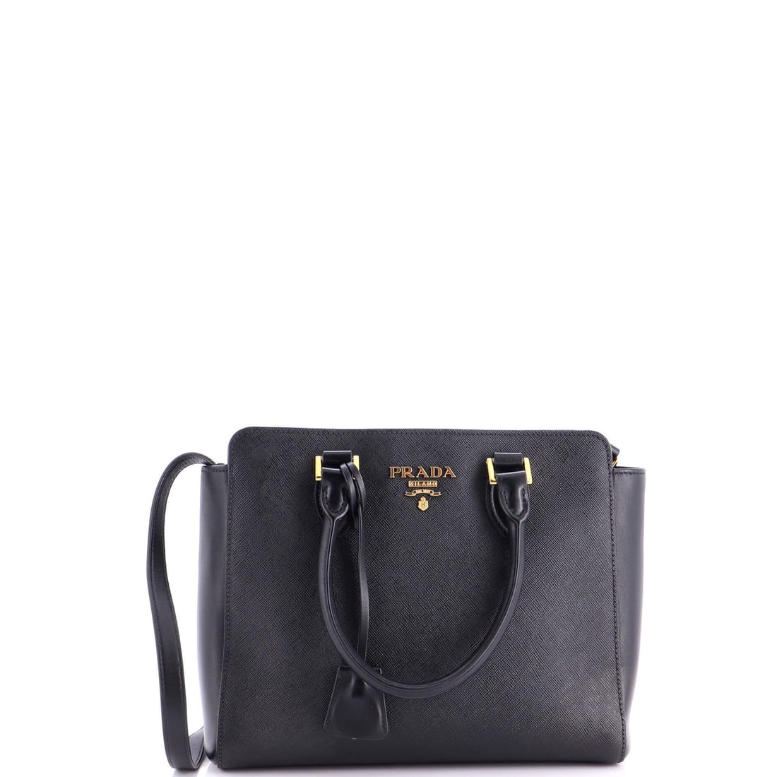 Saffiano Leather Convertible Tote Zip Small: Saffiano Leather Convertible Tote Zip Small The Saffiano Leather Convertible Tote Zip Small from Prada boasts sleek, black design with gold hardware. Its convertible zip closure and spacious interior 
