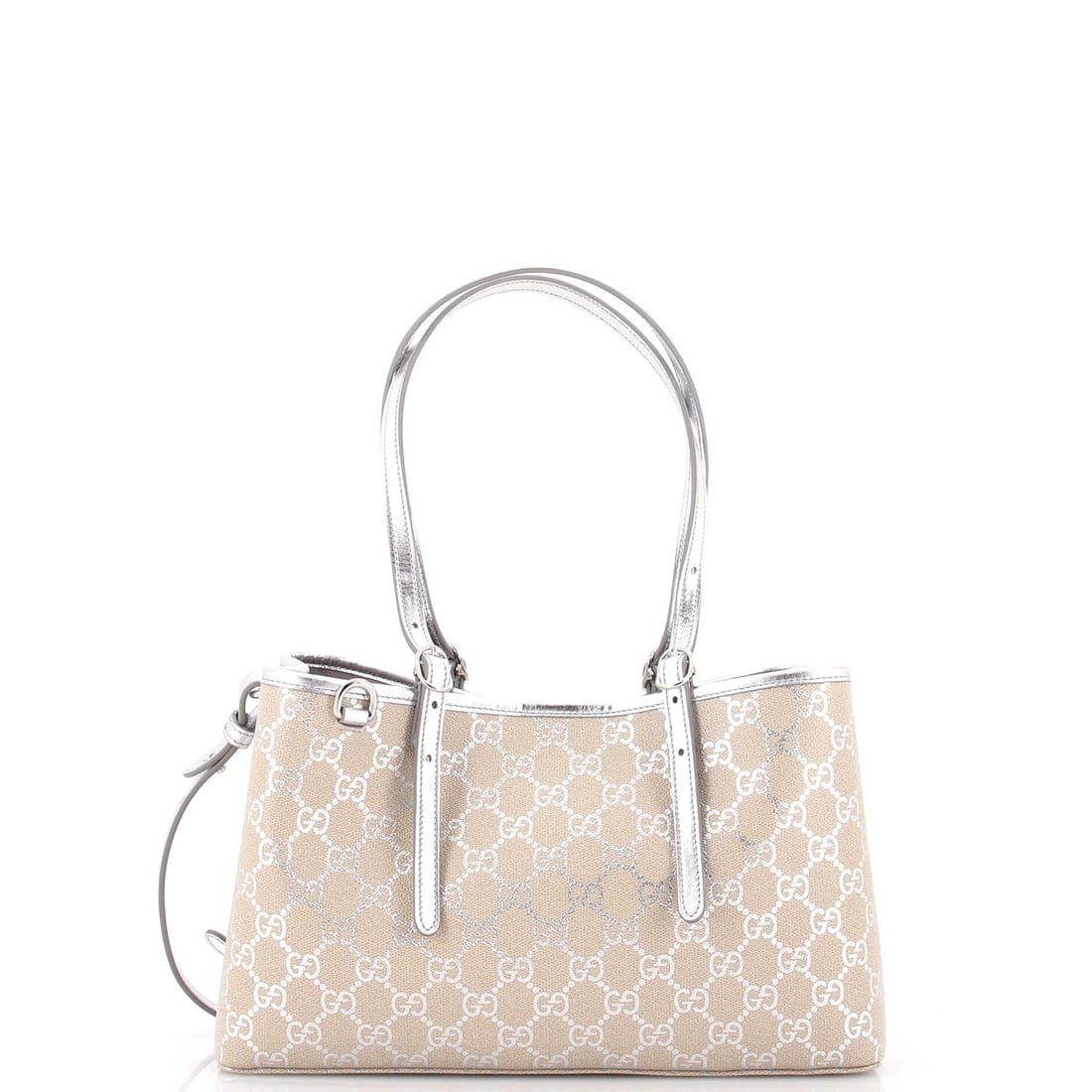 Gucci Coated Canvas Small Emblem Tote GG: Gucci Coated Canvas Small Emblem Tote GG Silver Gucci Coated Canvas Small Emblem Tote GG in excellent condition, featuring minor creases on the exterior and interior. This small tote boasts neutral si