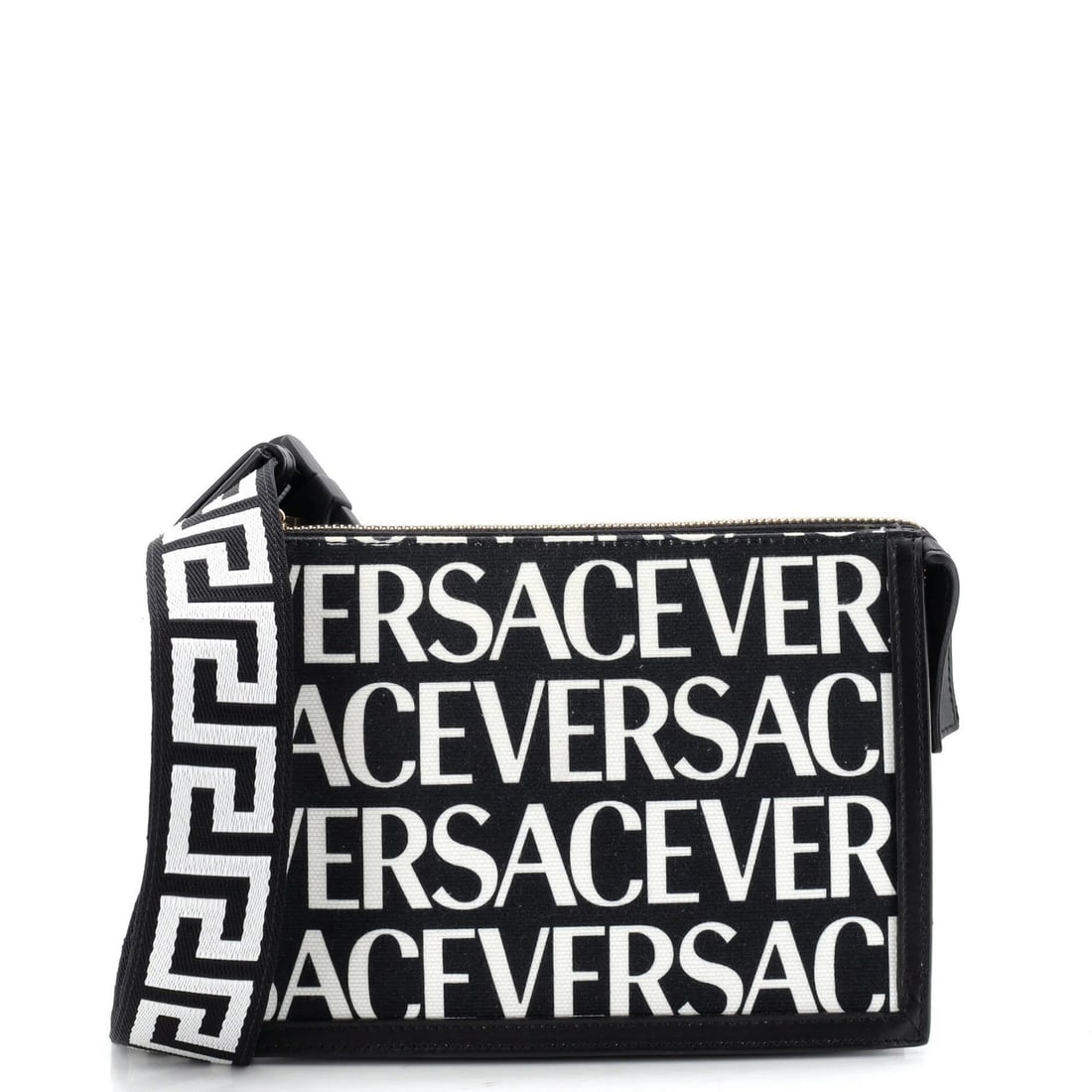 Versace All Over Logo Belt Bag Canvas Compact: Versace All Over Logo Belt Bag Canvas Compact The Versace All Over Logo Belt Bag Canvas Compact boasts a sleek, all-over logo design in black and white on its canvas exterior. Measuring just 5.5" x 8.
