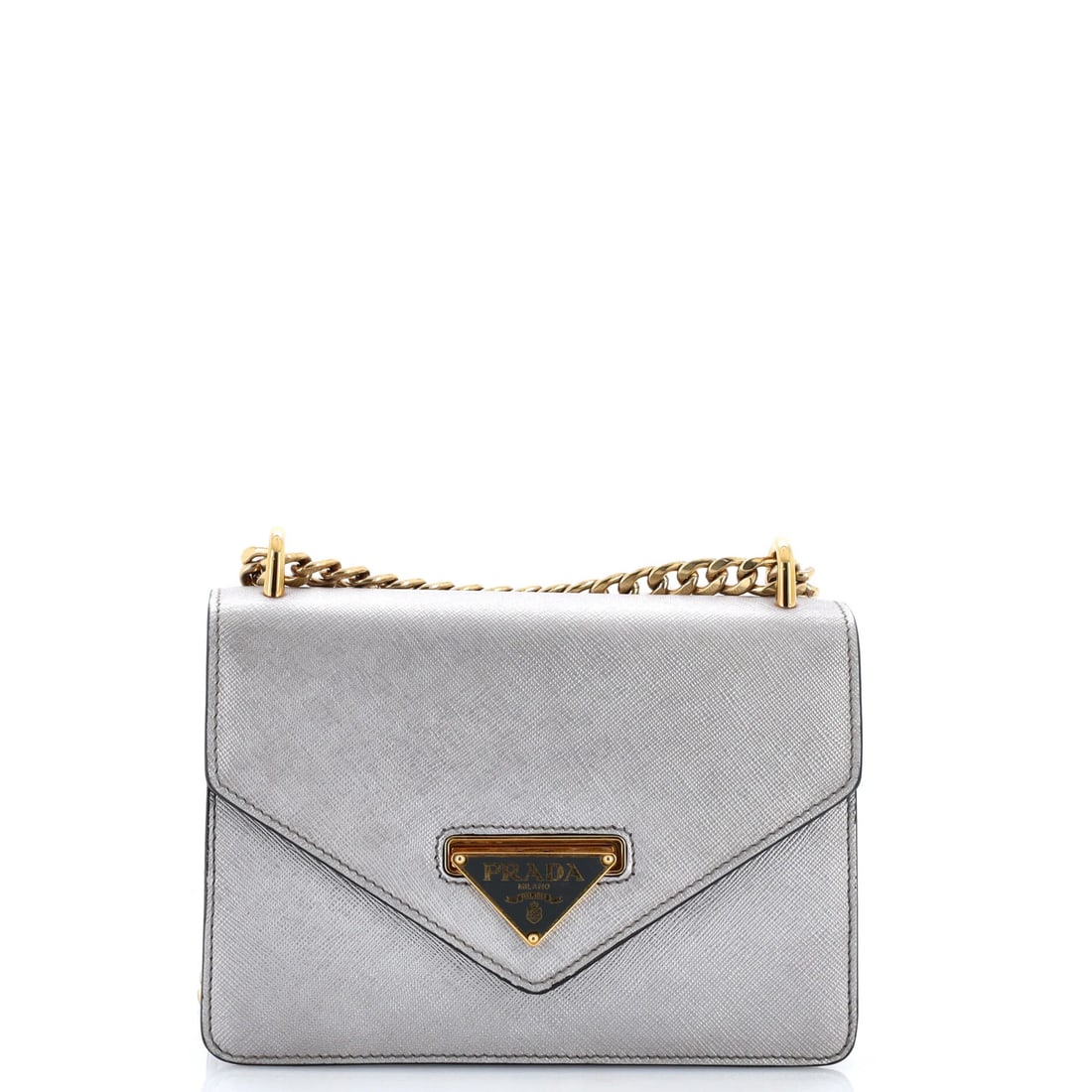 Small Saffiano Leather Prada Chain Shoulder Bag Flap Envelope: Small Saffiano Leather Prada Chain Shoulder Bag Flap Envelope Small Saffiano Leather Prada Chain Shoulder Bag Flap Envelope - A sleek and sophisticated small cross body bag with a silver exterior,