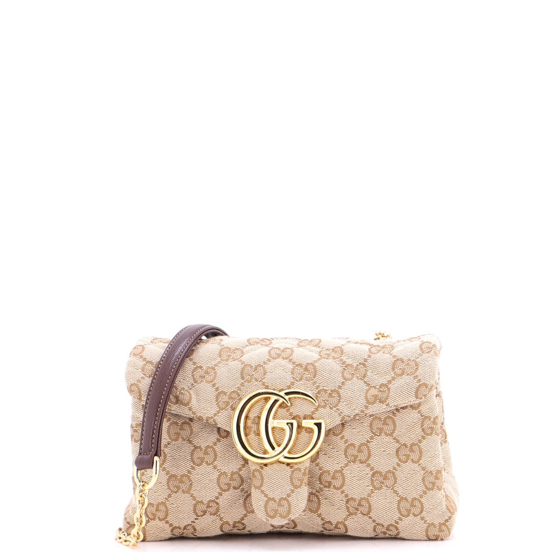 Gucci GG Marmont NM Flap Bag Canvas Mini: Gucci GG Marmont NM Flap Bag Canvas Mini Canvas Mini Gucci GG Marmont NM Flap Bag in Brown, featuring the iconic GG Marmont design. This mini shoulder bag boasts a classic canvas exterior with brown