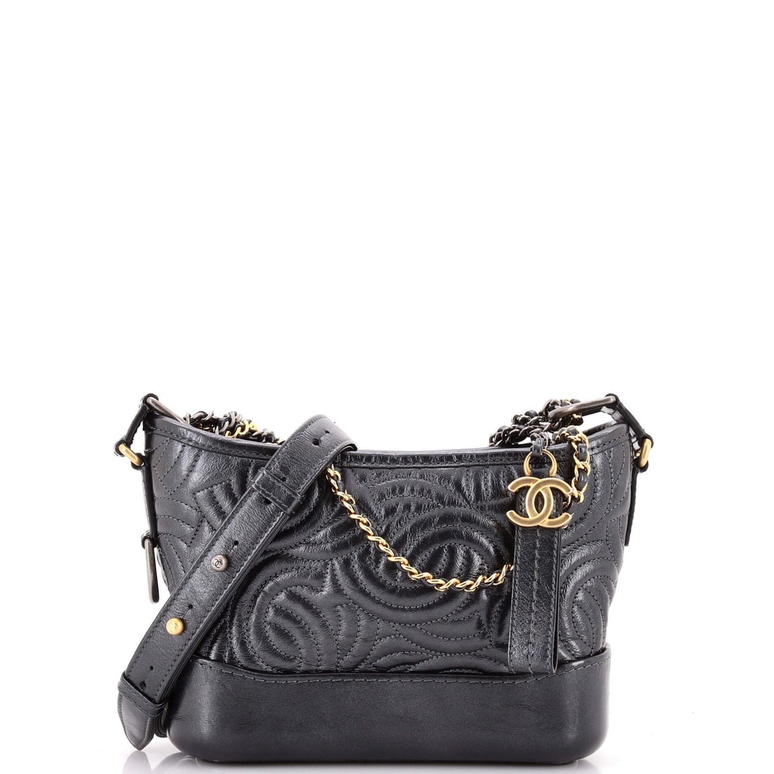 Chanel Gabrielle Hobo CC Stitched Calfskin Small: Chanel Gabrielle Hobo CC Stitched Calfskin Small Small Chanel Gabrielle Hobo CC Stitched Calfskin in Gray, featuring exterior minor scuffs and creases, with gold, silver, and aged silver hardware. The