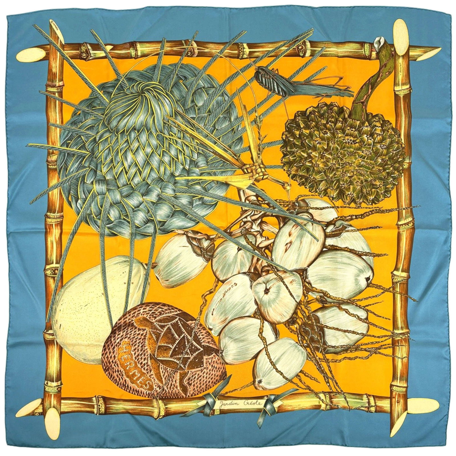 Hermes Silk 100% Scarf: Hermes Silk 100% Scarf The Hermes Silk Scarf boasts stunning blue and multi-color hues, showcasing the brand's signature elegance. Made from 100% silk, its luxurious texture adds depth to any outfit. 