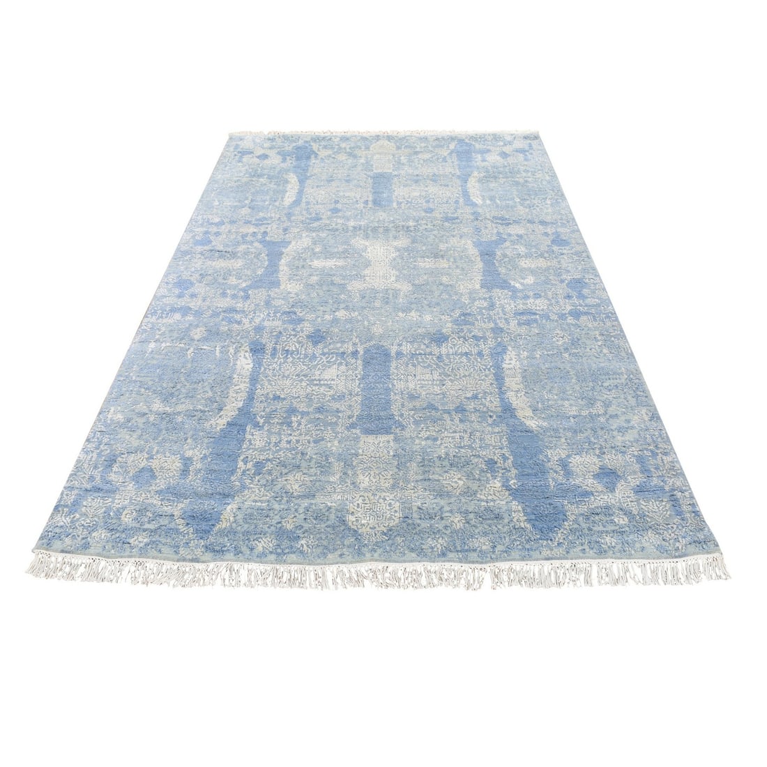 6'x9'3" Hand Knotted Blue Modern Silk with Wool Oriental Rug: 6'x9'3" Hand Knotted Blue Modern Silk with Wool Oriental Rug Hand-knotted in wool and silk, this stunning blue modern oriental rug boasts an intricate rectangular field with no border. The vibrant blu