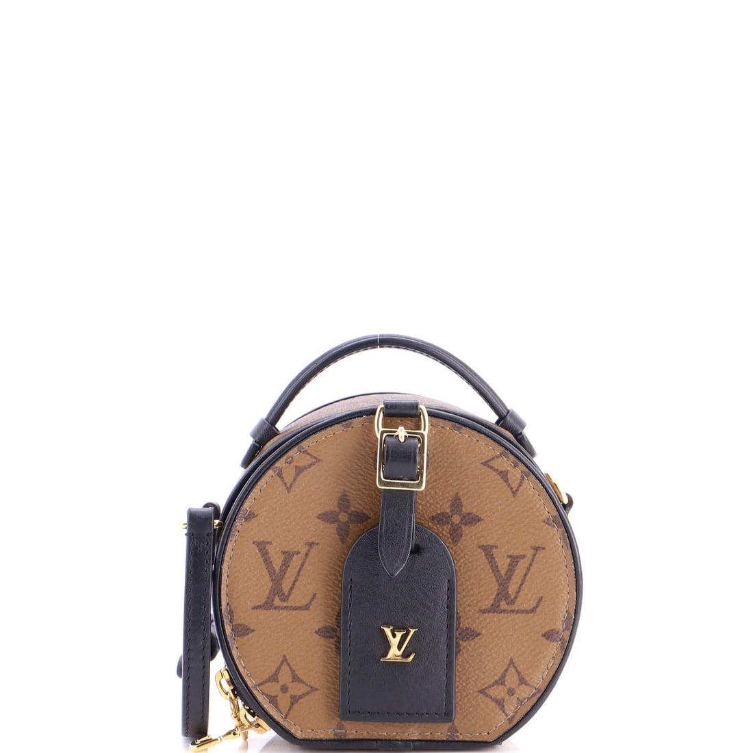Monogram Canvas Boite Bag Chapeau Reverse Louis Vuitton Mini: Monogram Canvas Boite Bag Chapeau Reverse Louis Vuitton Mini Brown Mini Boite Chapeau Bag with Reverse Monogram Canvas Exterior and Neutral Leather Interior, featuring minor scuffs on the exterior and