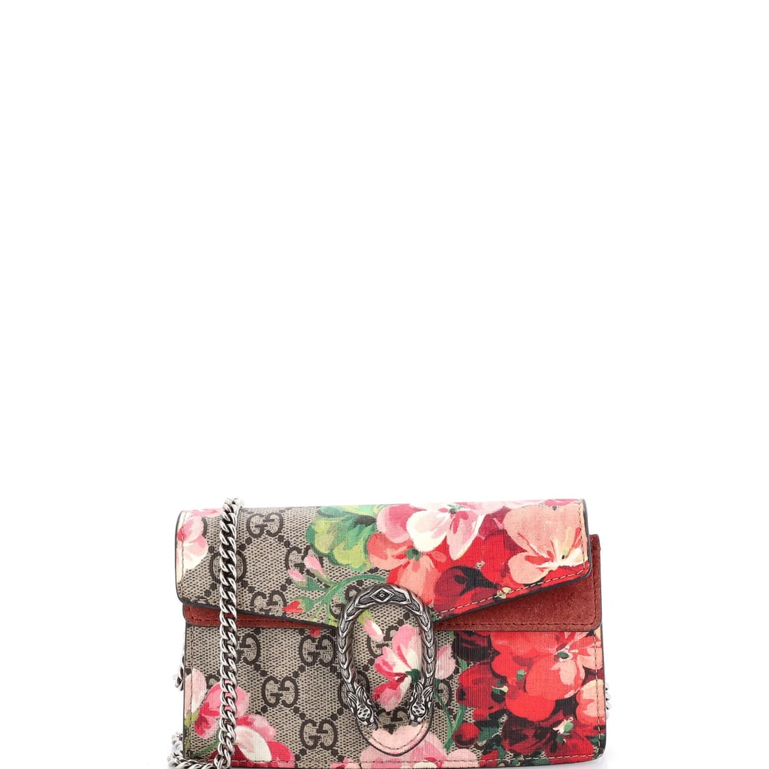 Gucci Dionysus bag blooms print coated canvas super mini GG: Gucci Dionysus bag blooms print coated canvas super mini GG Super mini Gucci Dionysus bag blooms print coated canvas, featuring a brown exterior with scuffs and discoloration. The interior boasts a sl