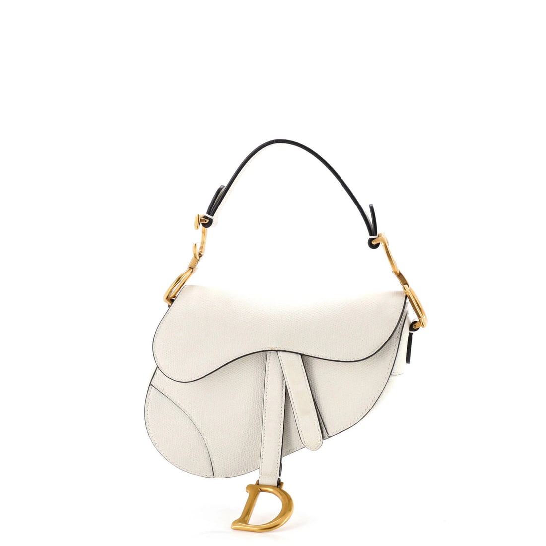 Christian Dior Saddle Mini Leather Handbag: Christian Dior Saddle Mini Leather Handbag White leather mini saddle shoulder bag with microfiber interior and aged gold hardware. Measuring 5" handle drop, 6" height, 7" width, and 2" depth, this min