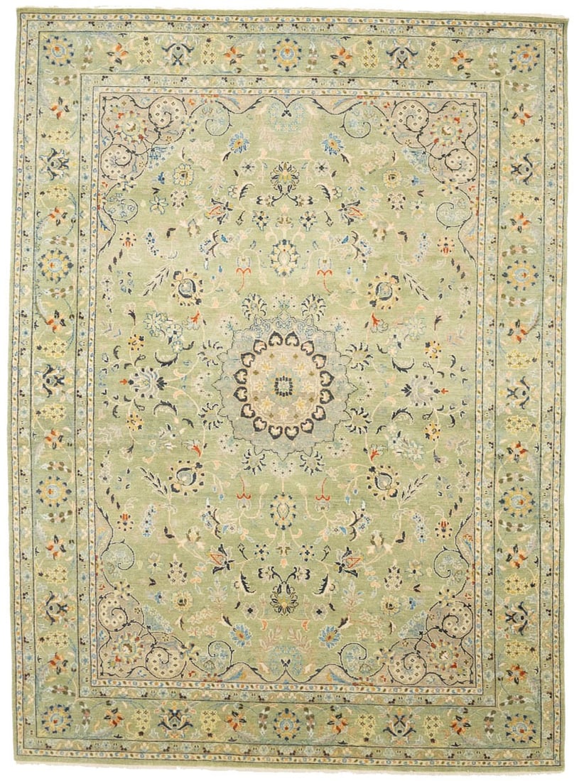 8'9 X 12'0 Hand-Knotted Green Floral Chobi Oriental Rug Large Carpet Hand-Knotted: 8'9 X 12'0 Hand-Knotted Green Floral Chobi Oriental Rug Large Carpet Hand-Knotted The 8'9" x 12'0" Hand-Knotted Green Floral Chobi Oriental Rug boasts a stunning floral pattern in soft hues, including