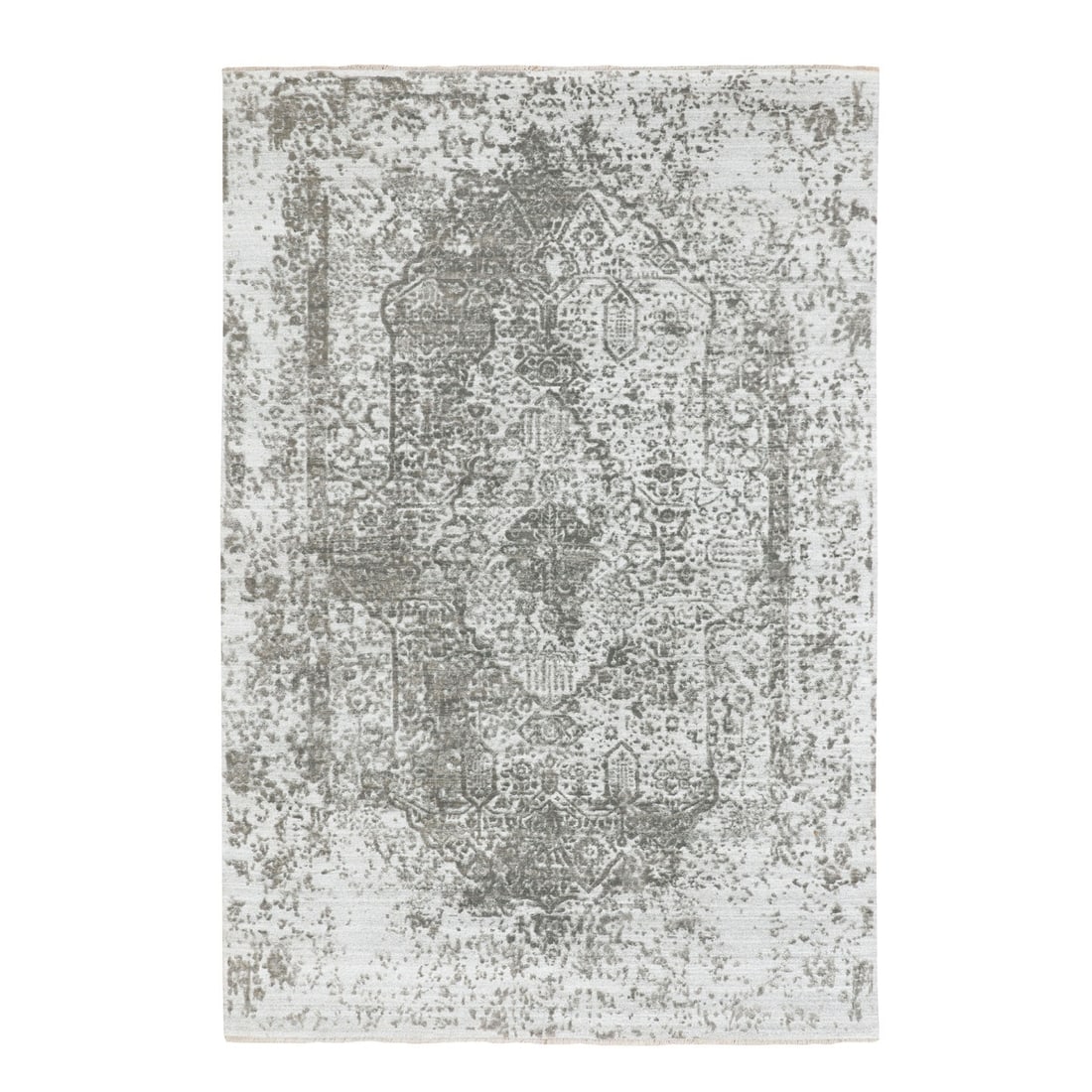 6'x9' Wool And Pure Silk Hand Knotted Broken Design Fine Oriental Rug: 6'x9' Wool And Pure Silk Hand Knotted Broken Design Fine Oriental Rug Hand-knotted with wool and pure silk, this 6'x9' rectangular rug boasts an intricate broken design in shades of grey. The natural 