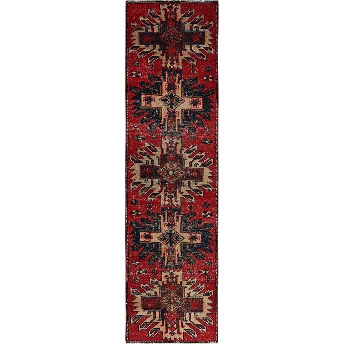 2'4"x9' Red Vintage Zoroastrian Hand Knotted Pure Wool Runner Oriental Rug: 2'4"x9' Red Vintage Zoroastrian Hand Knotted Pure Wool Runner Oriental Rug Red Vintage Zoroastrian Hand Knotted Pure Wool Runner Oriental Rug measures 107 inches in length and 28 inches in width, feat