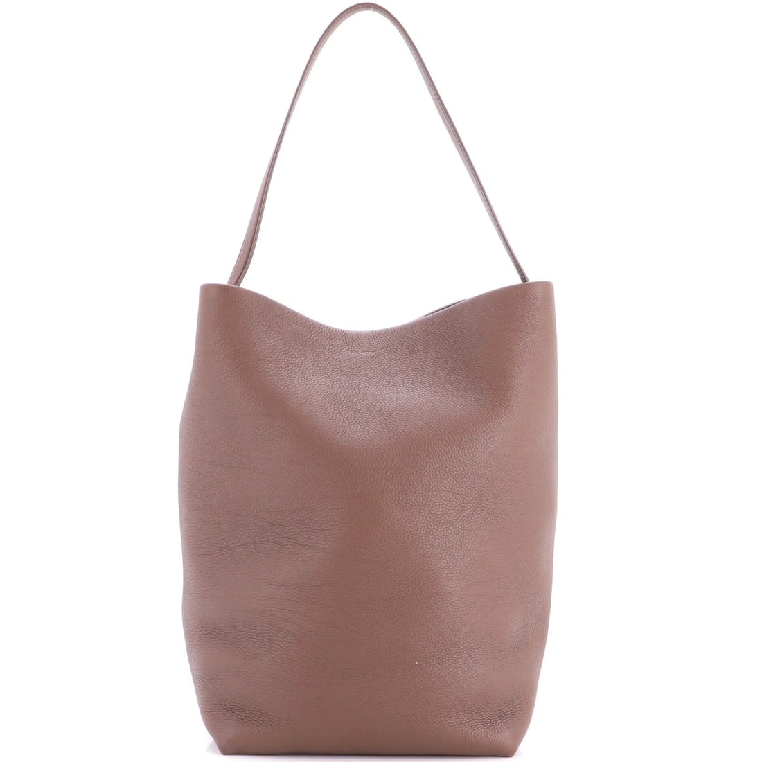 The Row N/ S Park Tote Leather Large: The Row N/ S Park Tote Leather Large The Row N/S Park Tote Leather Large is a large, brown leather bucket tote with suede interior and minor creases on the exterior. Measuring 17" high, 16" wide, and 