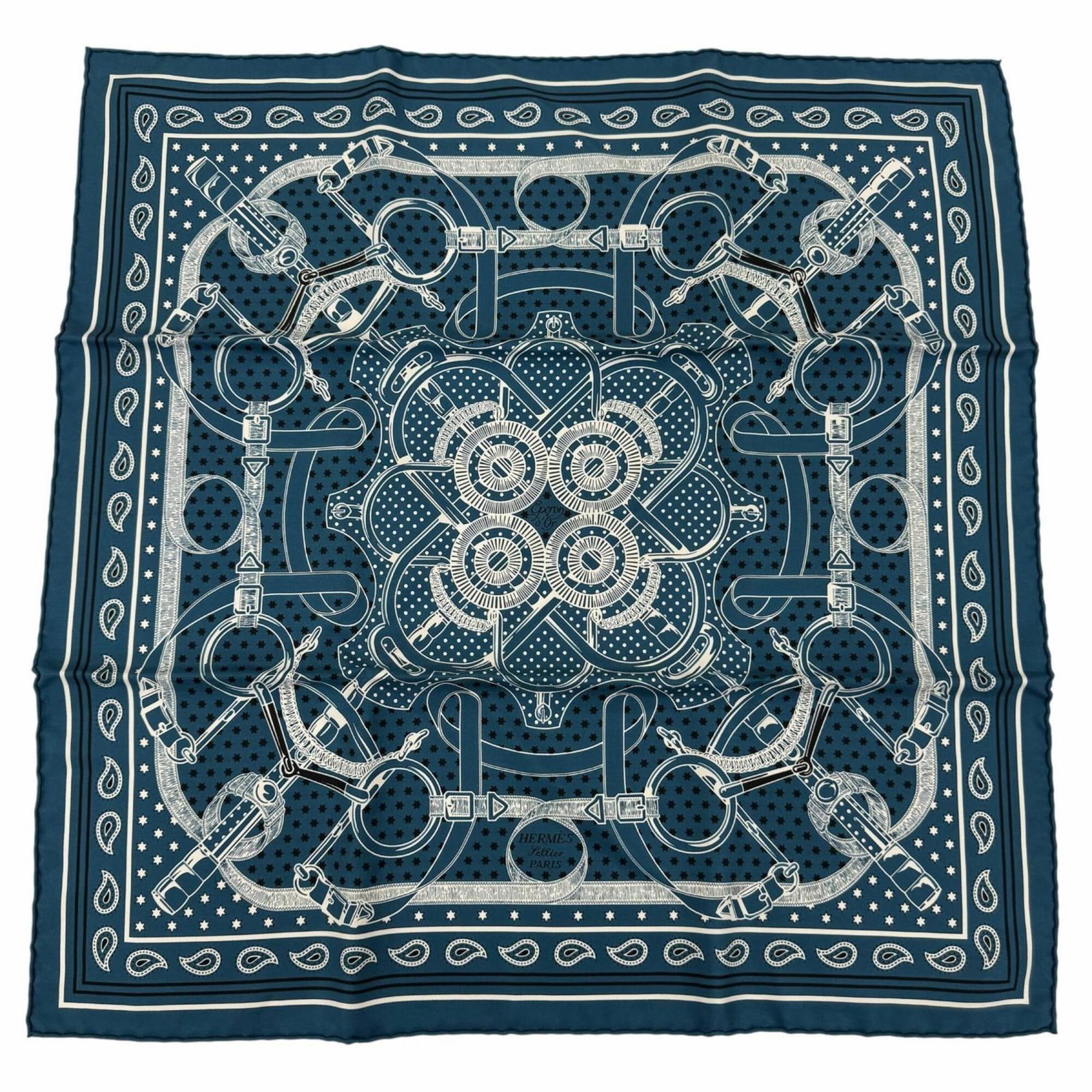 Bandana Silk of Hermes: Bandana Silk of Hermes Silk bandanas from the renowned French fashion house Hermes are known for their exceptional quality and timeless design. This particular blue silk bandana measures 55cm x 54cm, 