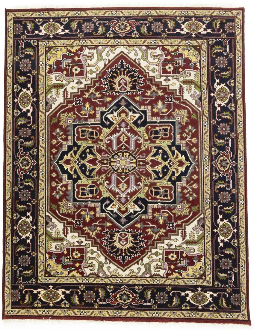 Heriz Serapi Oriental Rug Floral Style Large Farmhouse Boho Decor Carpet 8X10 Ft Hand-Knotted: Heriz Serapi Oriental Rug Floral Style Large Farmhouse Boho Decor Carpet 8X10 Ft Hand-Knotted Hand-knotted in wool, this traditional floral style rug boasts a rich color palette featuring red, dark pu