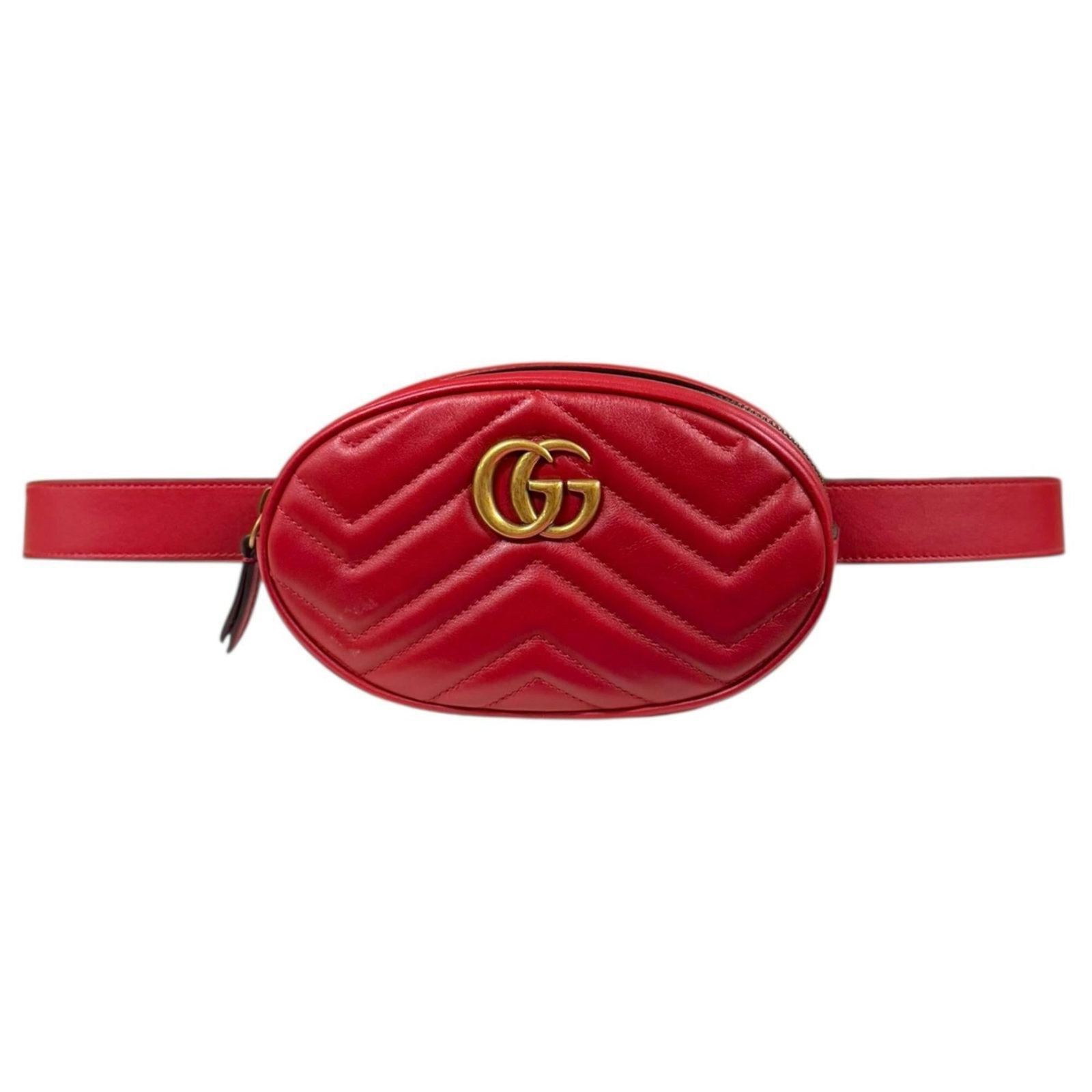 Leather fanny pack by Gucci: Leather fanny pack by Gucci Gucci's signature red leather fanny pack, crafted from high-quality materials and featuring a sleek shoulder strap for added convenience. This stylish accessory measures 11